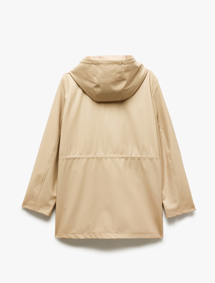  Bağlama Detaylı Fermuarlı Cepli Kapüşonlu Suni Deri Yağmurluk