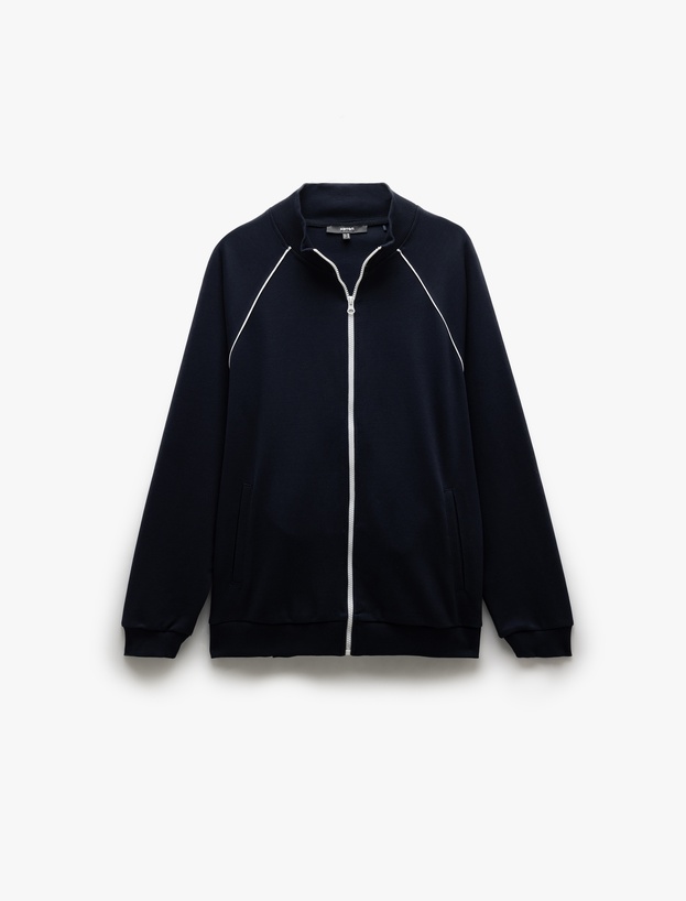 Uzun Kollu Pamuk Karışımlı Cep Detaylı Biyeli Fermuarlı Sweatshirt_2