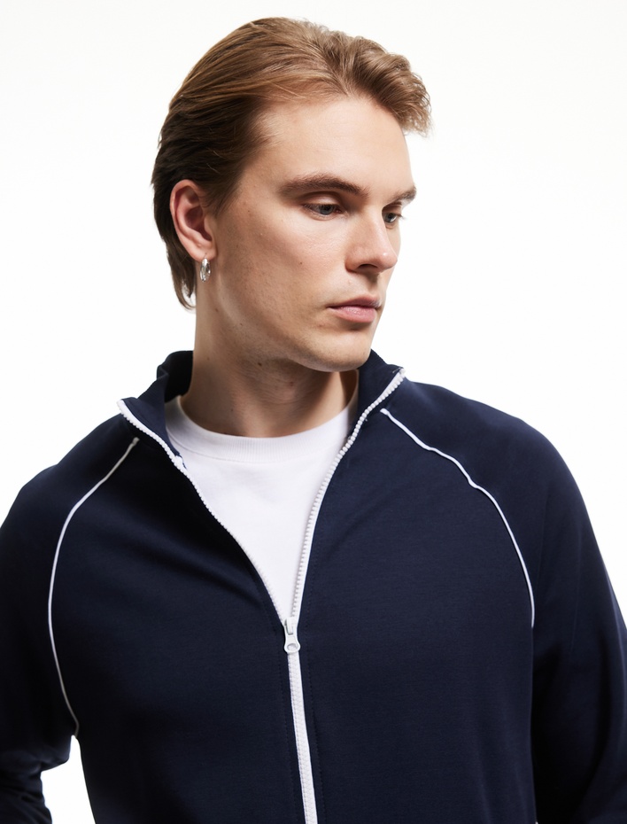  Uzun Kollu Pamuk Karışımlı Cep Detaylı Biyeli Fermuarlı Sweatshirt