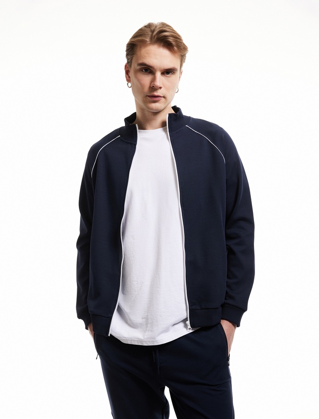 Uzun Kollu Pamuk Karışımlı Cep Detaylı Biyeli Fermuarlı Sweatshirt_1