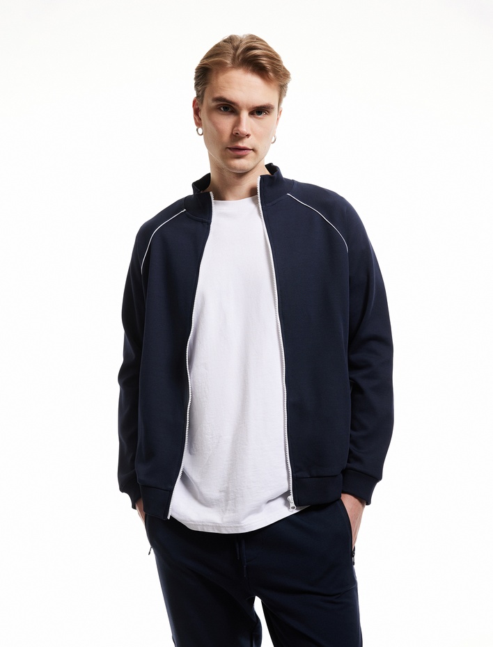  Uzun Kollu Pamuk Karışımlı Cep Detaylı Biyeli Fermuarlı Hırka