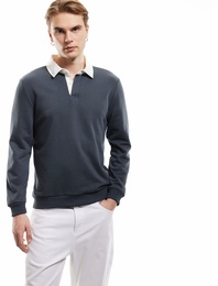 Uzun Kollu Pamuk Karışımlı Renk Kontrastlı Basic Polo Yaka Sweatshirt