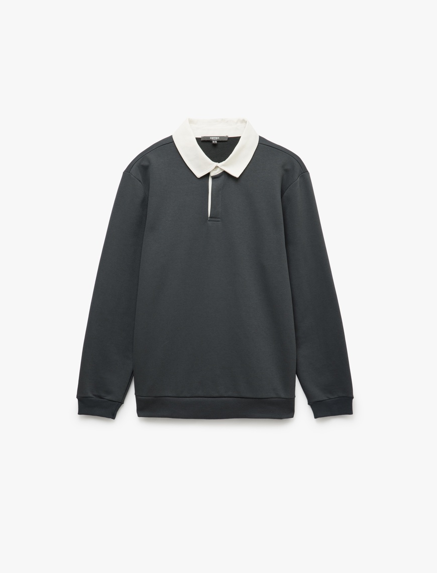   Uzun Kollu Pamuk Karışımlı Renk Kontrastlı Basic Polo Yaka Sweatshirt