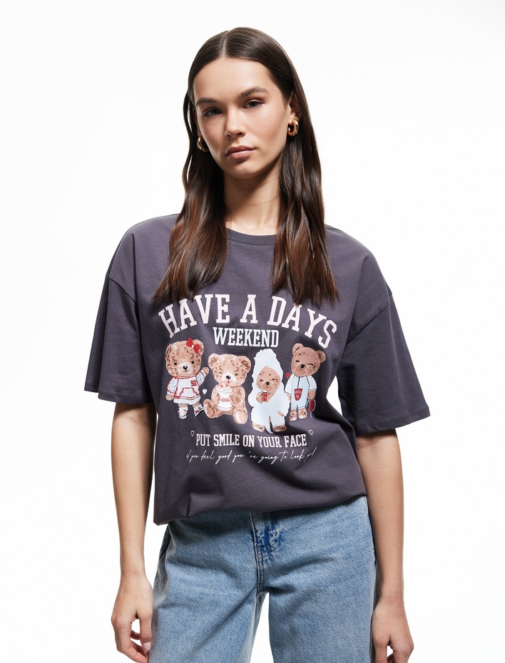  Ayıcık Baskılı Kısa Kollu Pamuklu Bisiklet Yaka Oversize Tişört