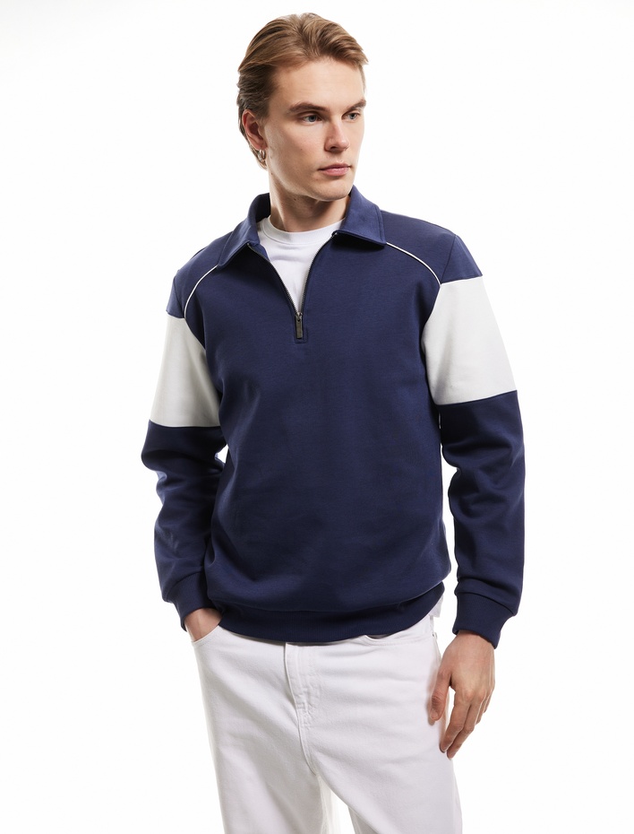  Pamuklu Renk Bloklu Uzun Kollu Yarım Fermuarlı Sweatshirt