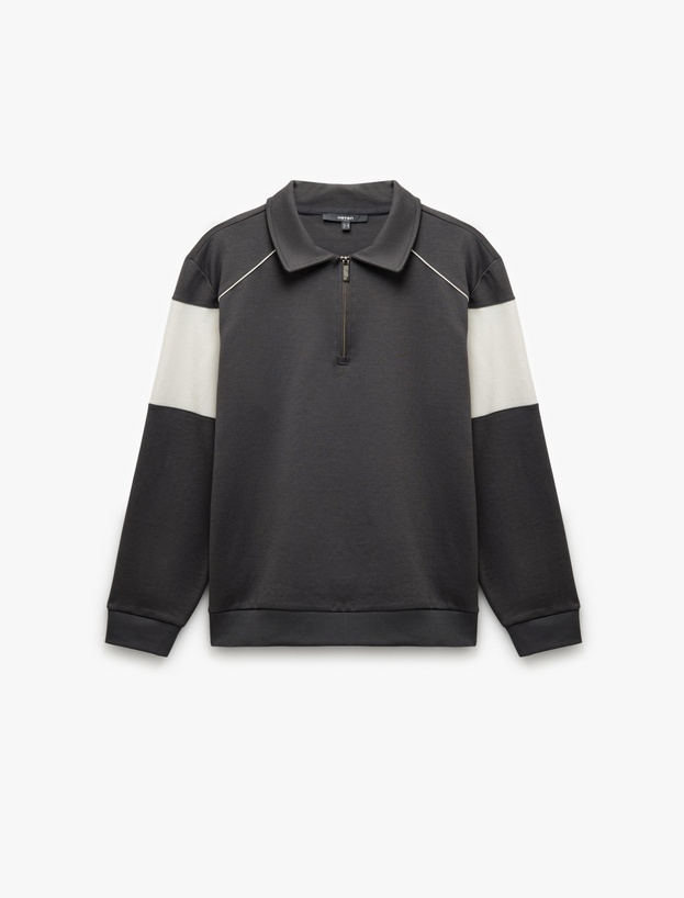 Pamuklu Renk Bloklu Uzun Kollu Yarım Fermuarlı Sweatshirt_2
