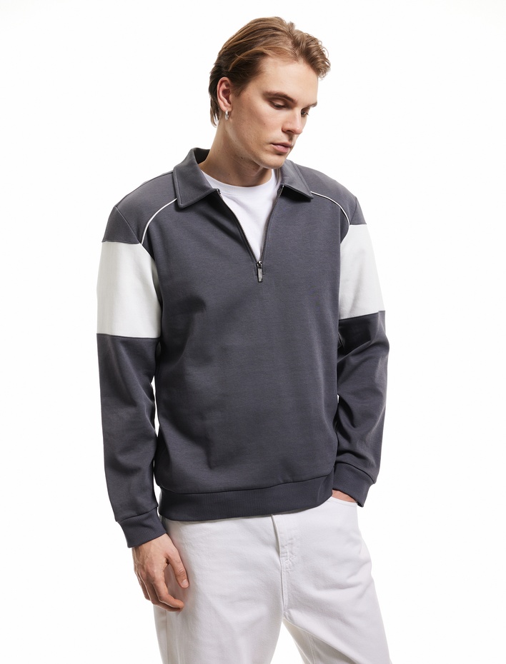  Pamuklu Renk Bloklu Uzun Kollu Yarım Fermuarlı Sweatshirt