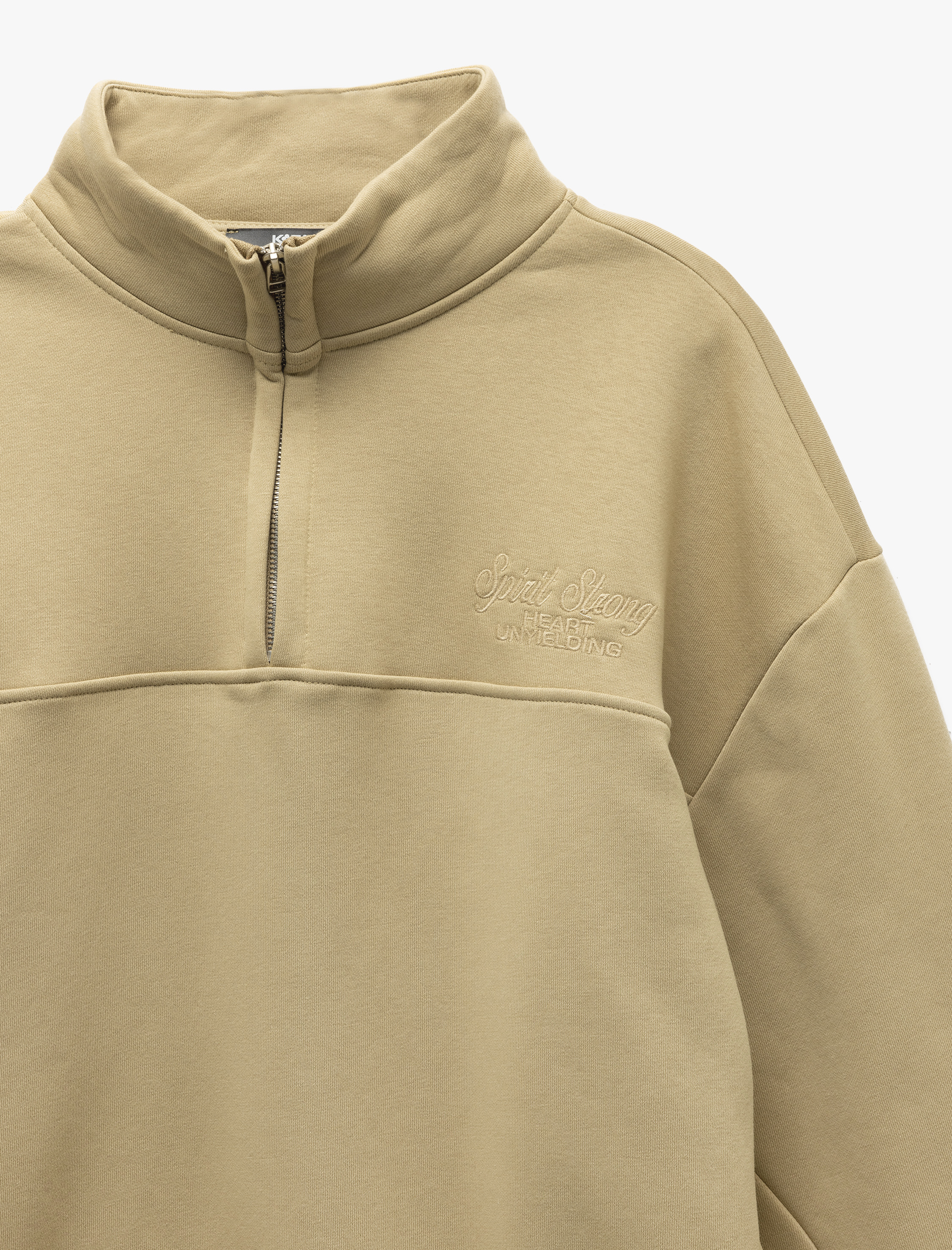   İşlemeli Cep Detaylı Şardonlu Dik Yaka Yarım Fermuarlı Oversize Sweatshirt