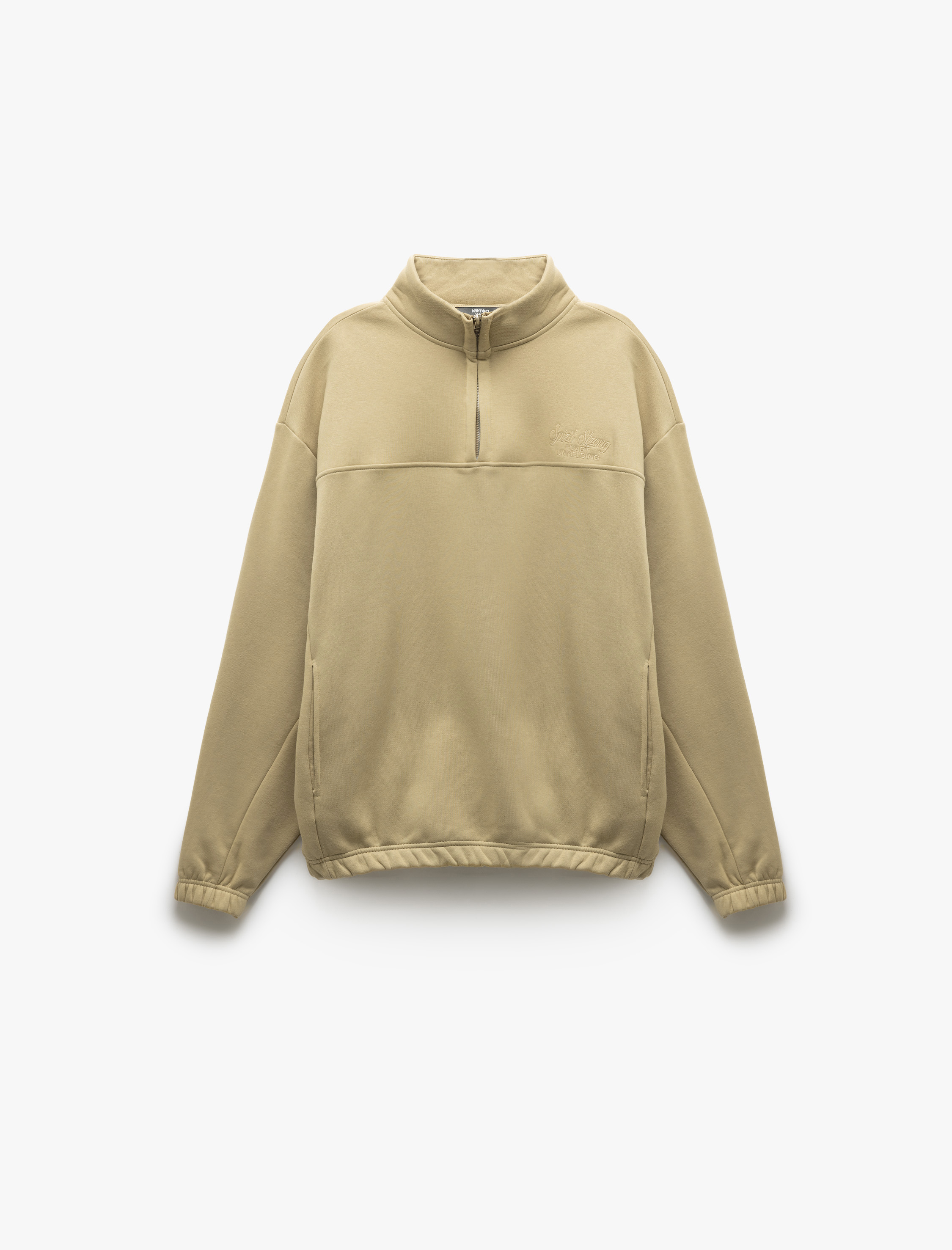   İşlemeli Cep Detaylı Şardonlu Dik Yaka Yarım Fermuarlı Oversize Sweatshirt