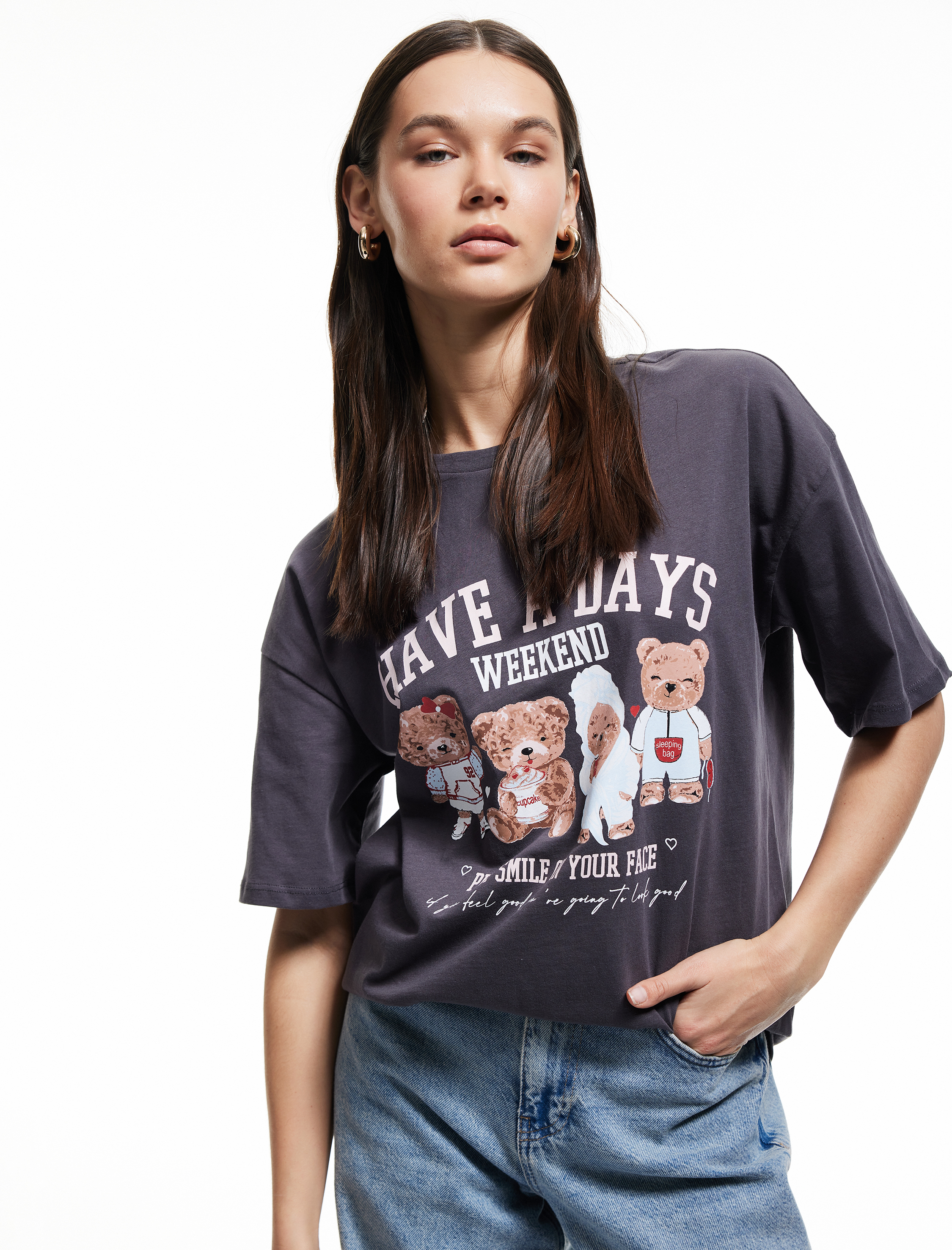   Ayıcık Baskılı Kısa Kollu Pamuklu Bisiklet Yaka Oversize Tişört