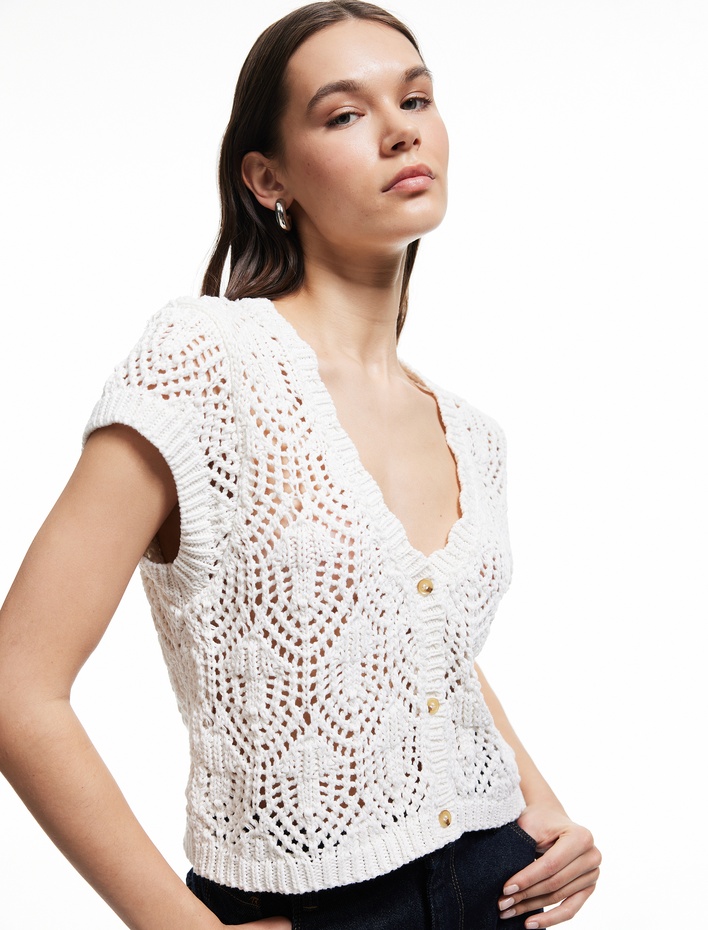  Ajurlu Kolsuz Düğmeli V Yaka Triko Hırka