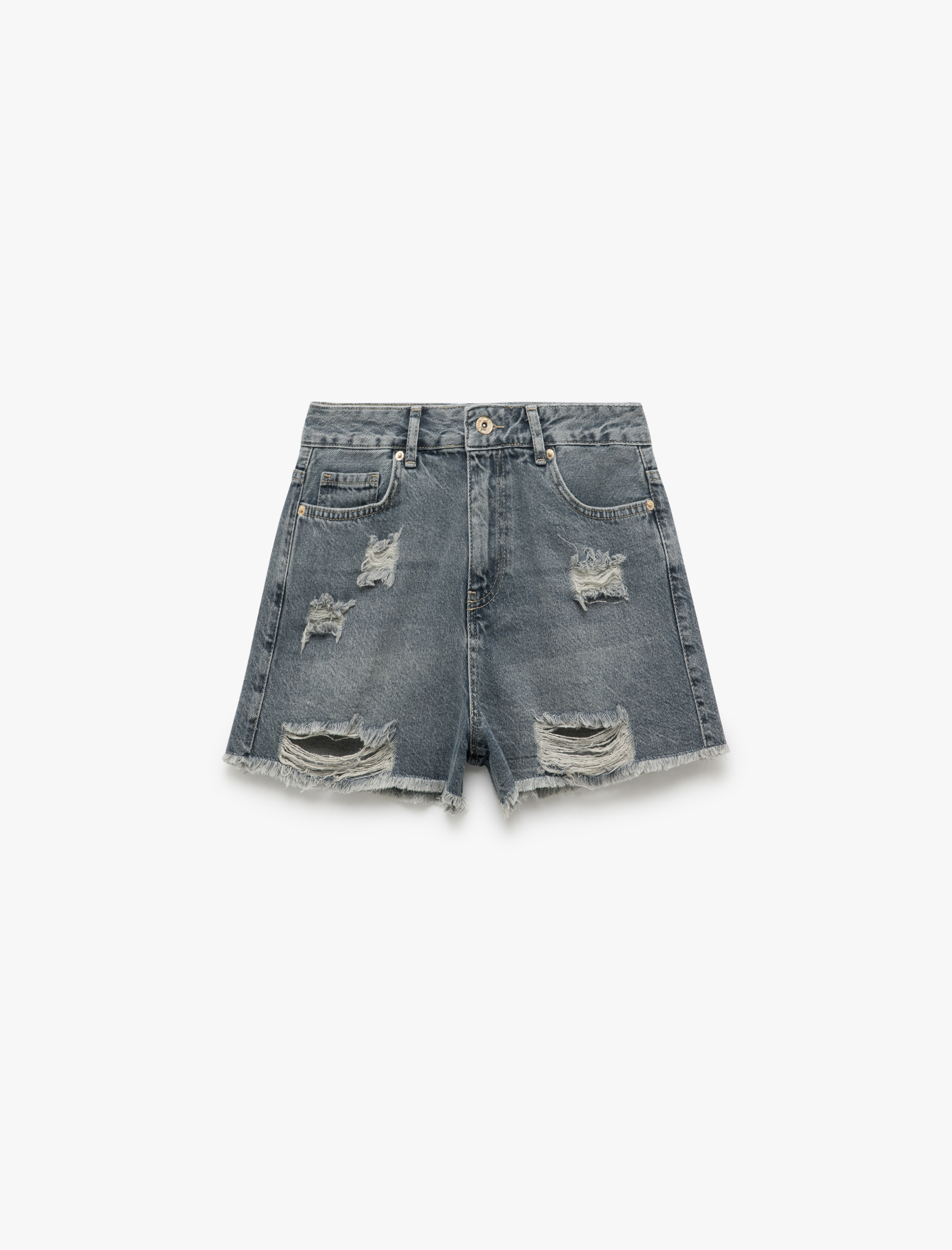 Düğmeli Yıpratma Detaylı Cepli Mini Denim Şort