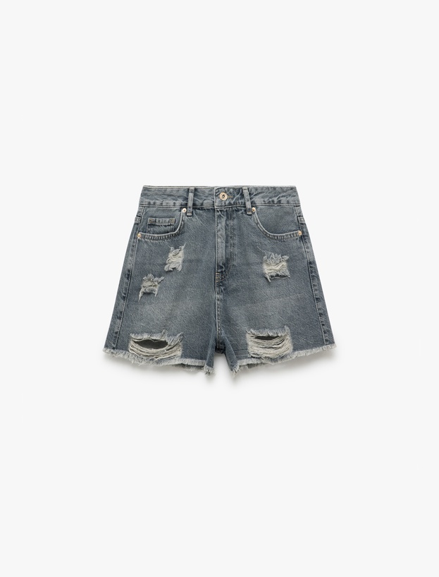 Düğmeli Yıpratma Detaylı Cepli Mini Denim Şort_3