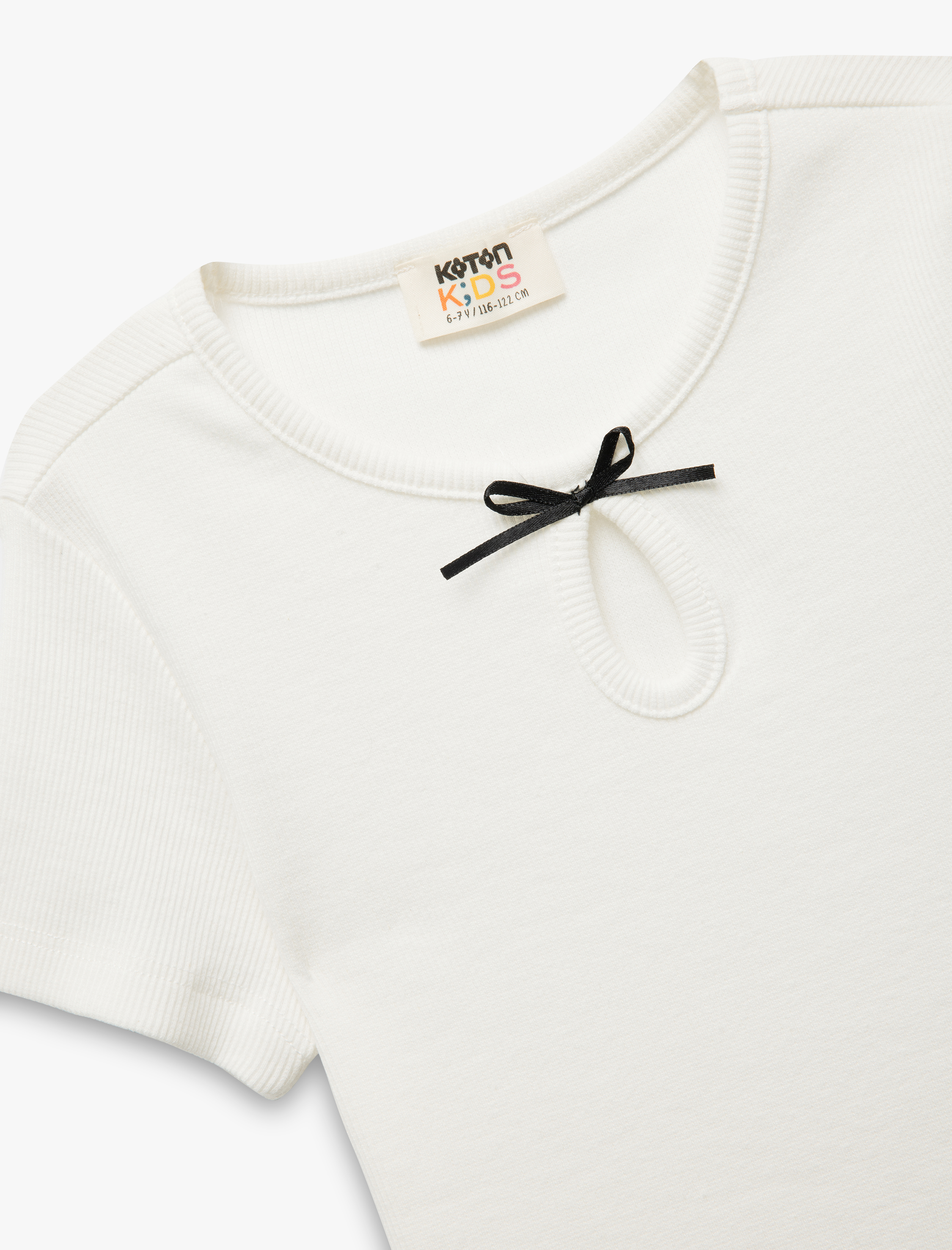 Kız Çocuk Kurdele Detaylı Kısa Kollu Bisiklet Yaka Pamuklu Tişört