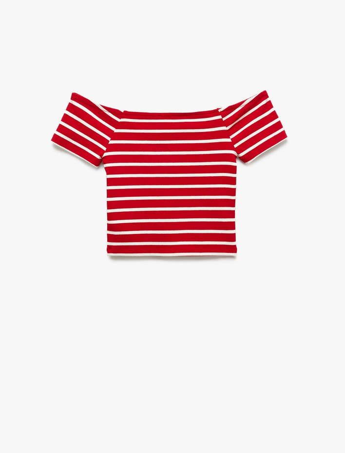  Pamuklu Kısa Kollu Omzu Açık Çizgili Madonna Yaka Tişört