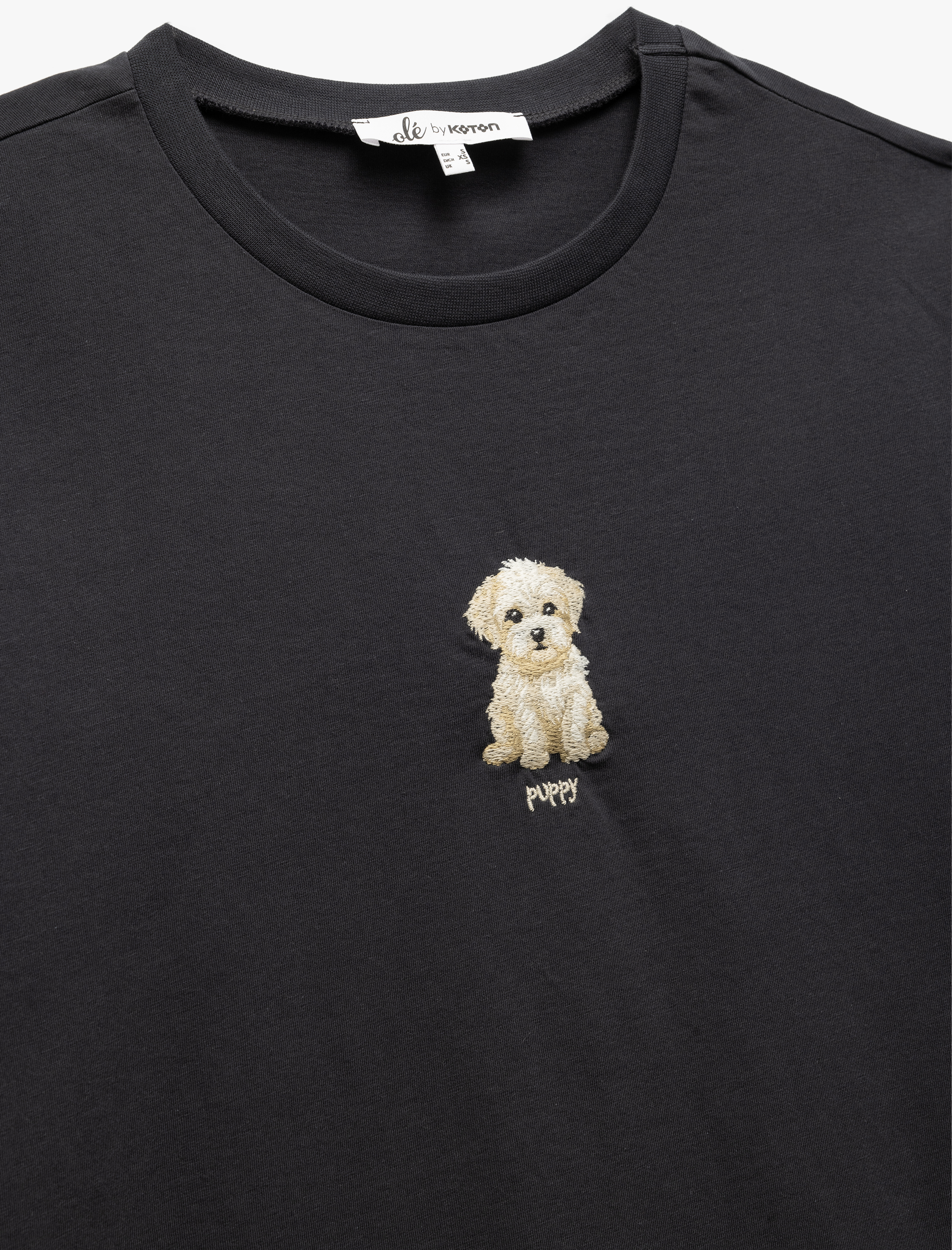   Bisiklet Yaka Kısa Kollu Köpek Nakışlı Tişört