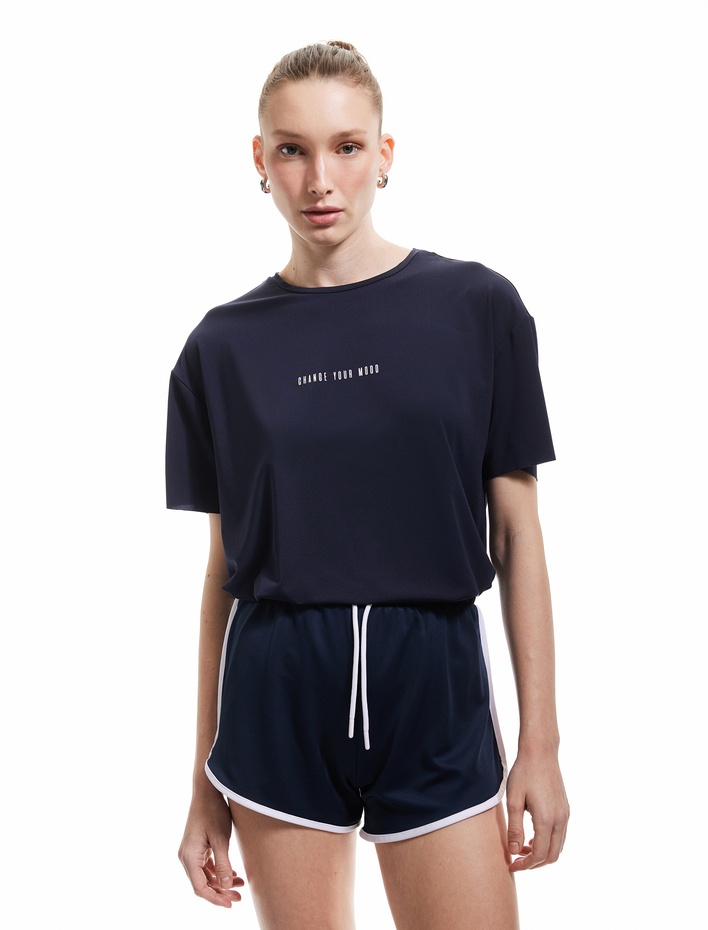  Baskılı Kısa Kollu Bisiklet Yaka Spor Tişört