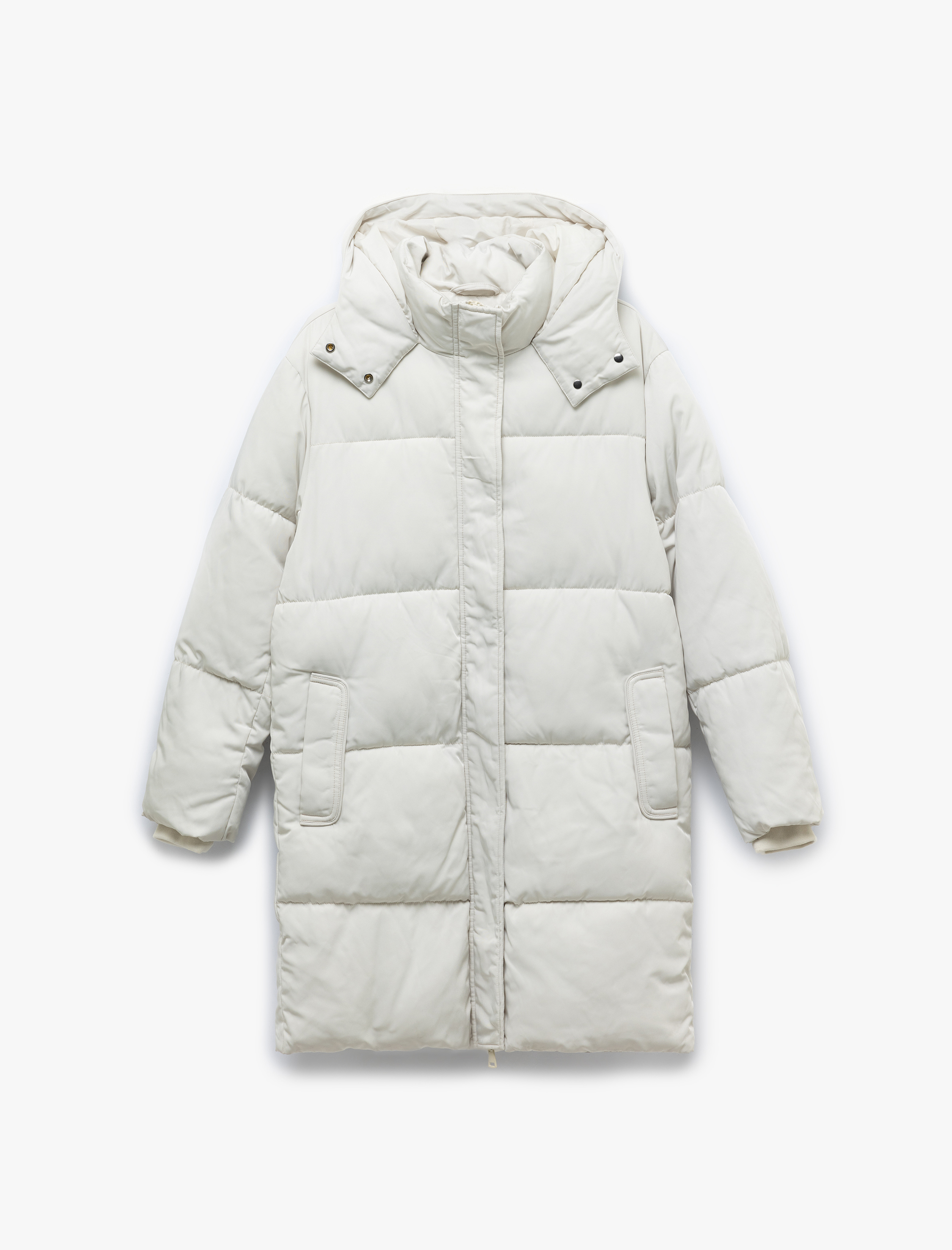 Kapüşonlu Çıtçıt Düğmeli Fermuarlı Oversize Şişme Mont