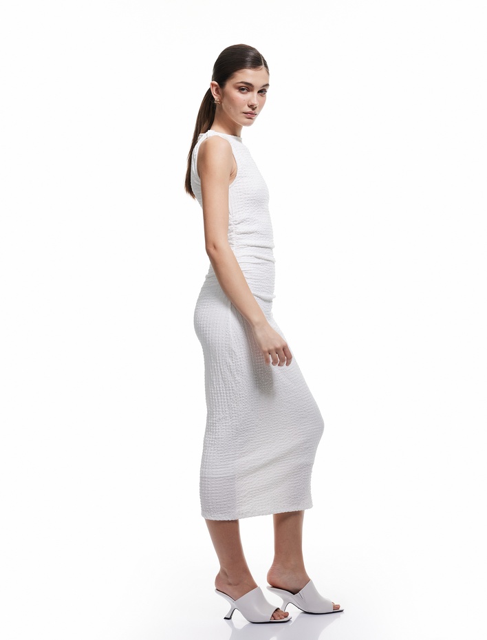  Drapeli Bisiklet Yaka Uzun Kolsuz Slim Fit Kalem Elbise