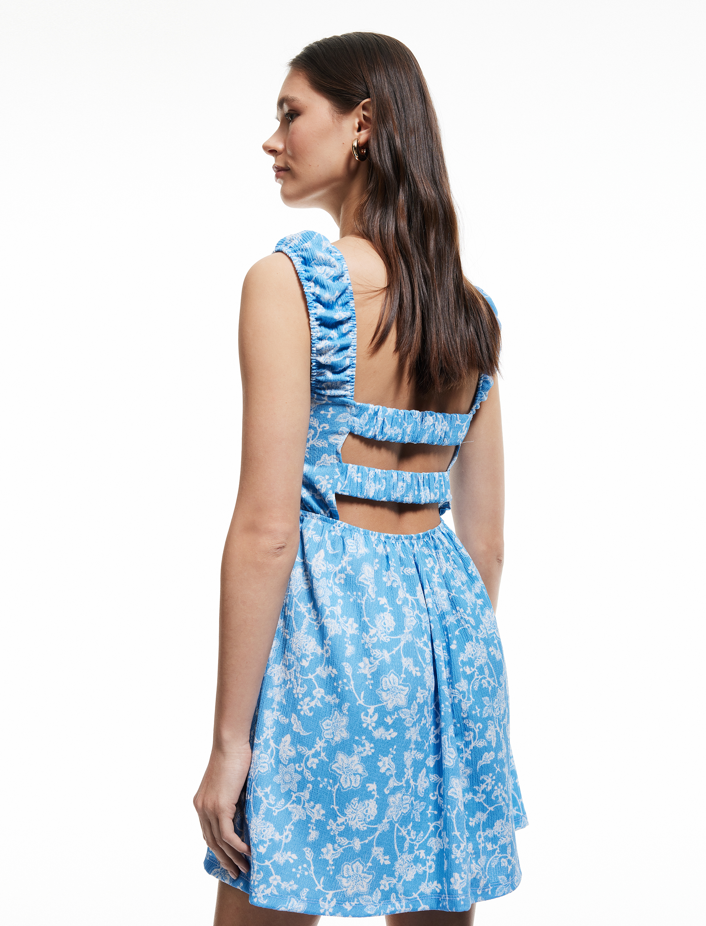   Kare Yaka Kalın Askılı Sırt Detaylı Önü Bağcıklı Çiçekli Mini Elbise Bürümcük