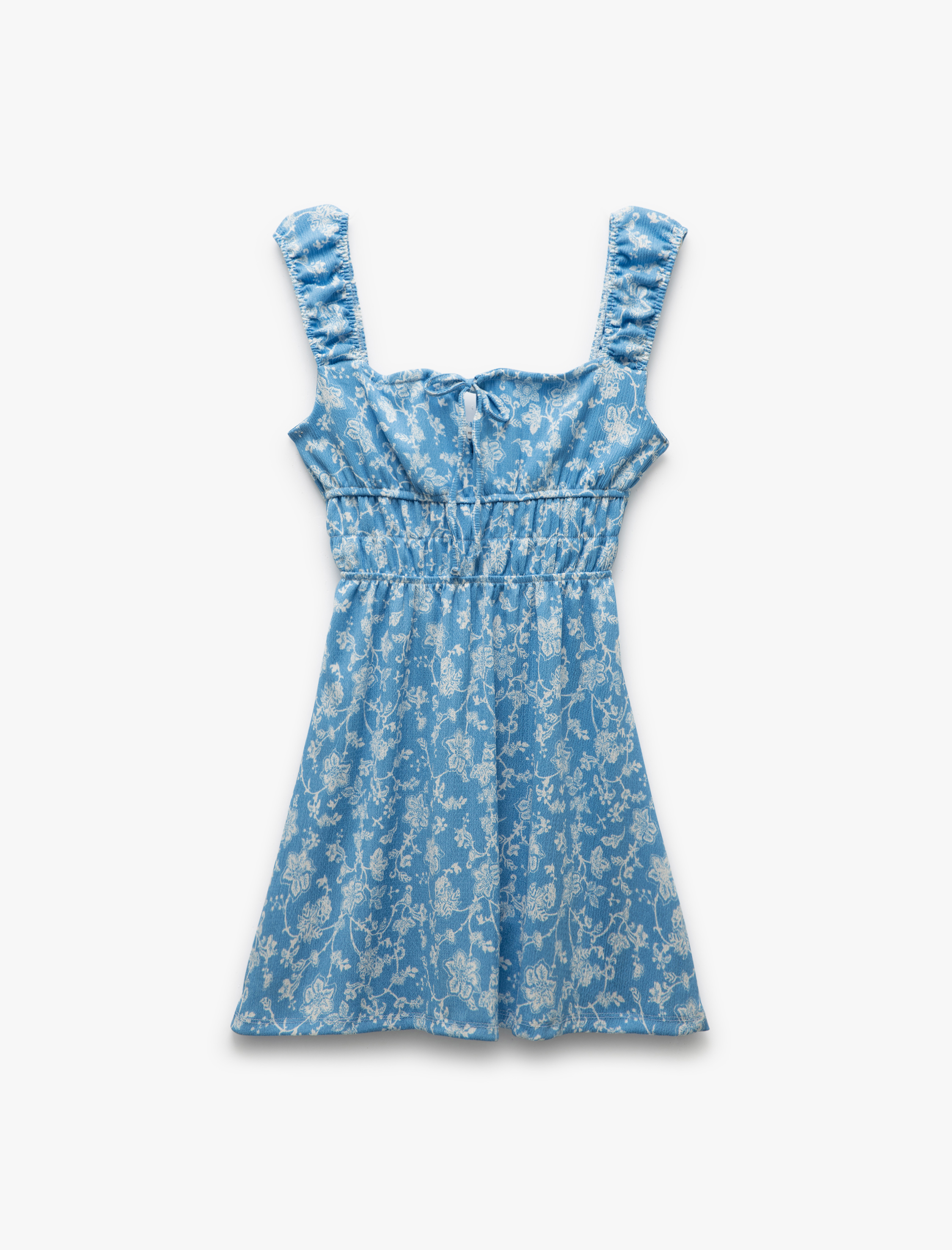   Kare Yaka Kalın Askılı Sırt Detaylı Önü Bağcıklı Çiçekli Mini Elbise Bürümcük