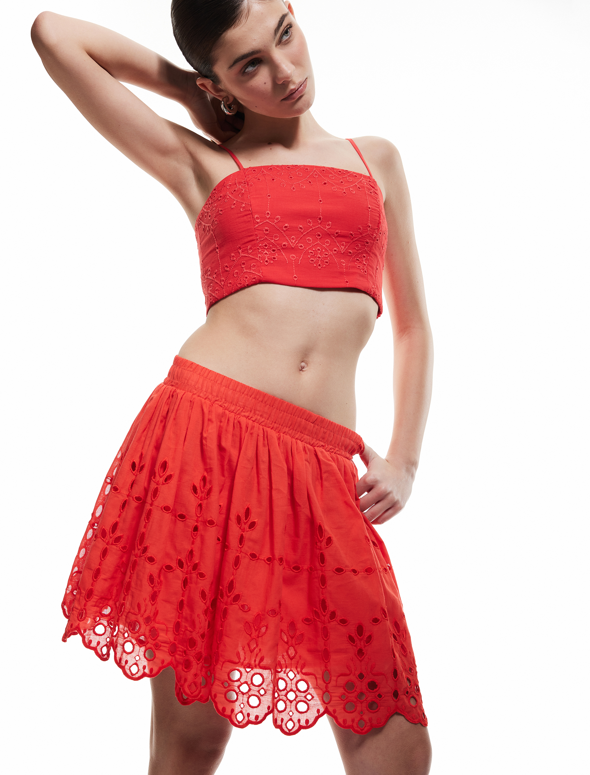   Astarlı Beli Lastikli Fistolu Brodeli Mini Kloş Etek