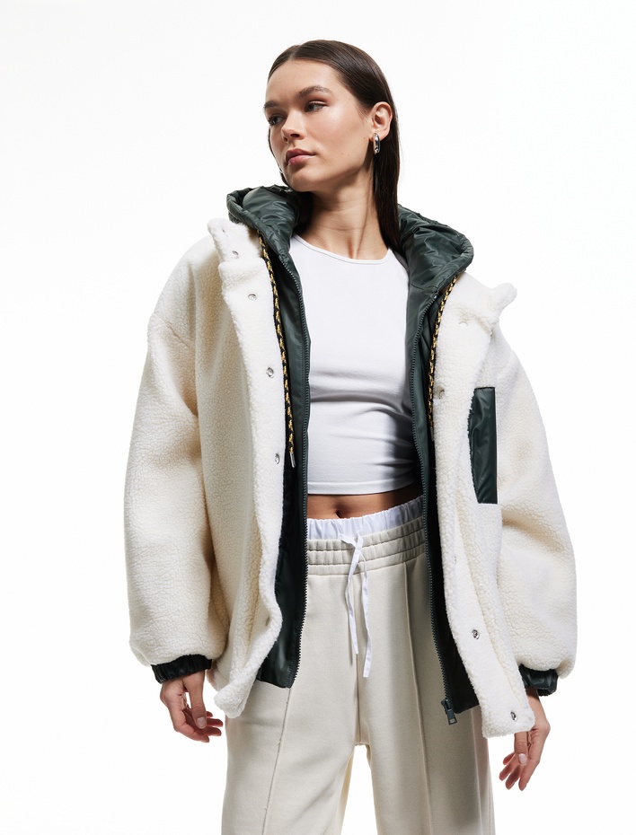  Kapüşonlu Cepli Fermuarlı Oversize Astarlı Peluş Ceket