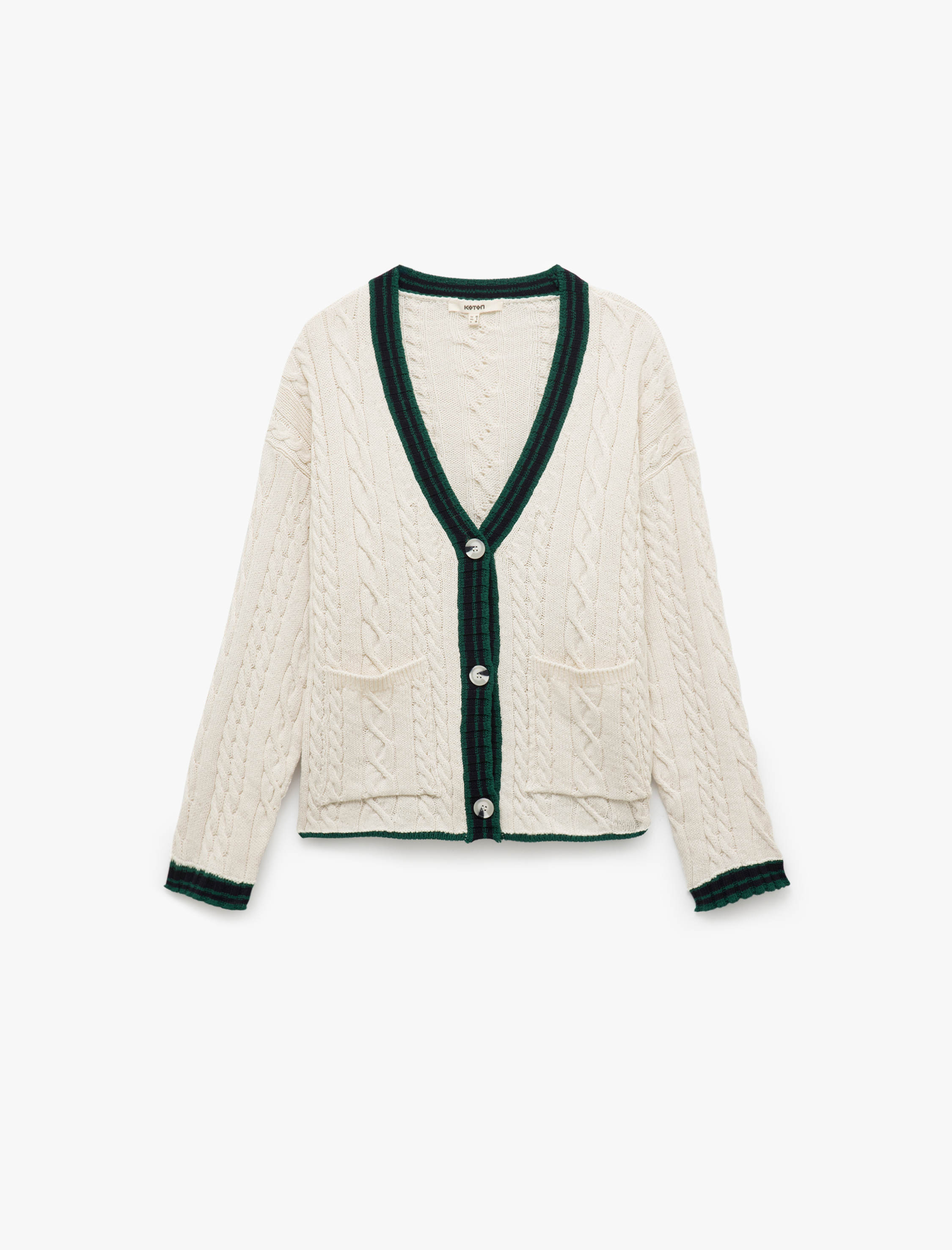 Saç Örgü Dokulu Uzun Kollu Cepli V Yaka Düğmeli Oversize Triko Hırka