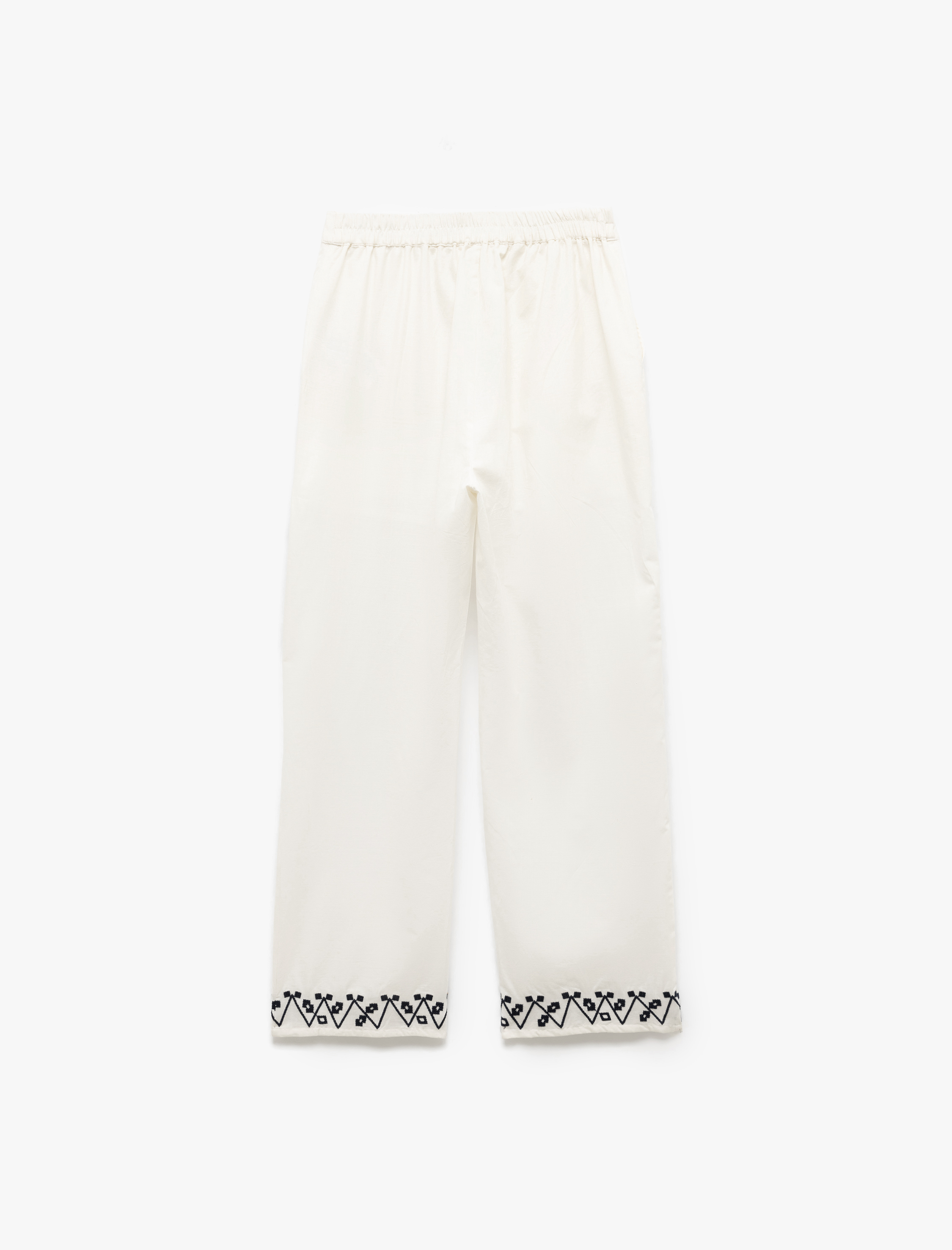   Pamuklu Cepli Düz Paça Nakış Detaylı Yüksek Bel Pantolon