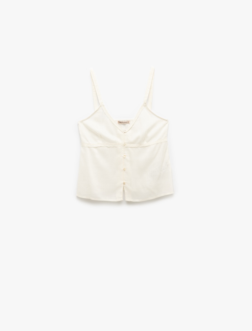   Viskon Düğme Detaylı V Yaka Askılı Crop Pijama Üstü
