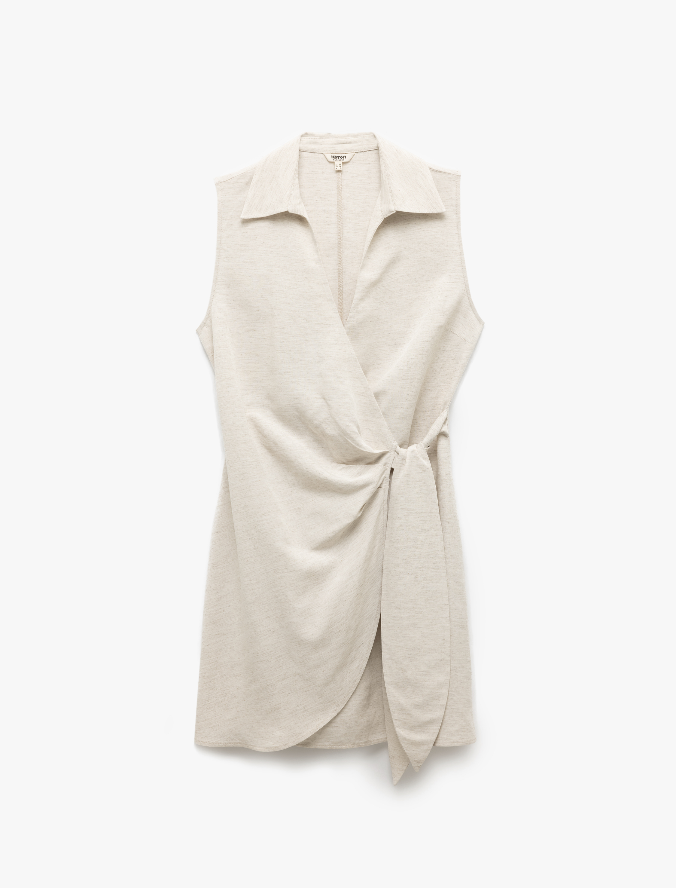 Bağlama Detaylı Kolsuz Mini Kruvaze Keten Karışımlı Gömlek Elbise