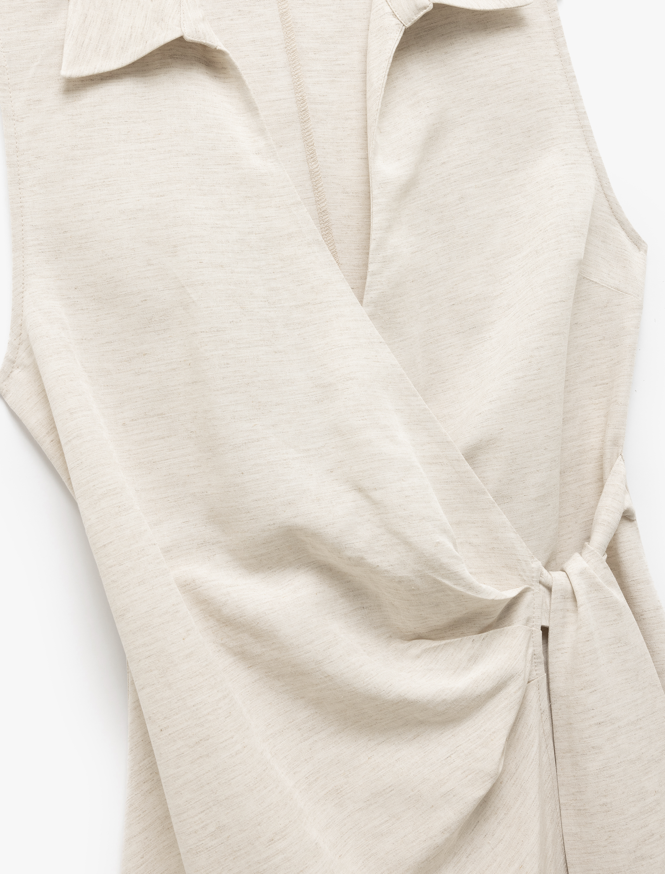 Bağlama Detaylı Kolsuz Mini Kruvaze Keten Karışımlı Gömlek Elbise