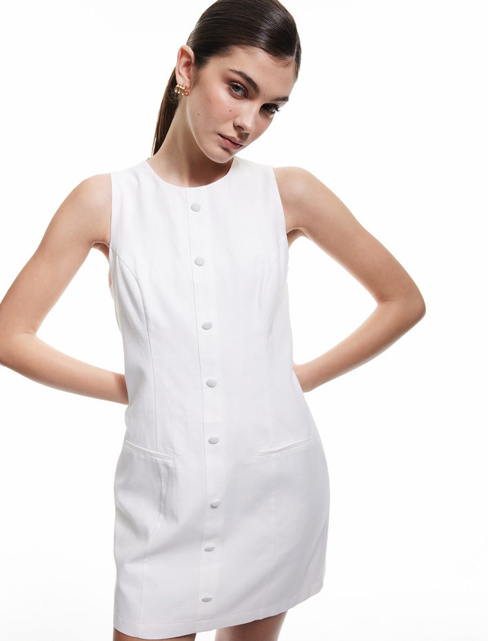  Düğmeli Kolsuz Yuvarlak Yaka Çift Cepli Pamuklu-Viskon Mini Elbise