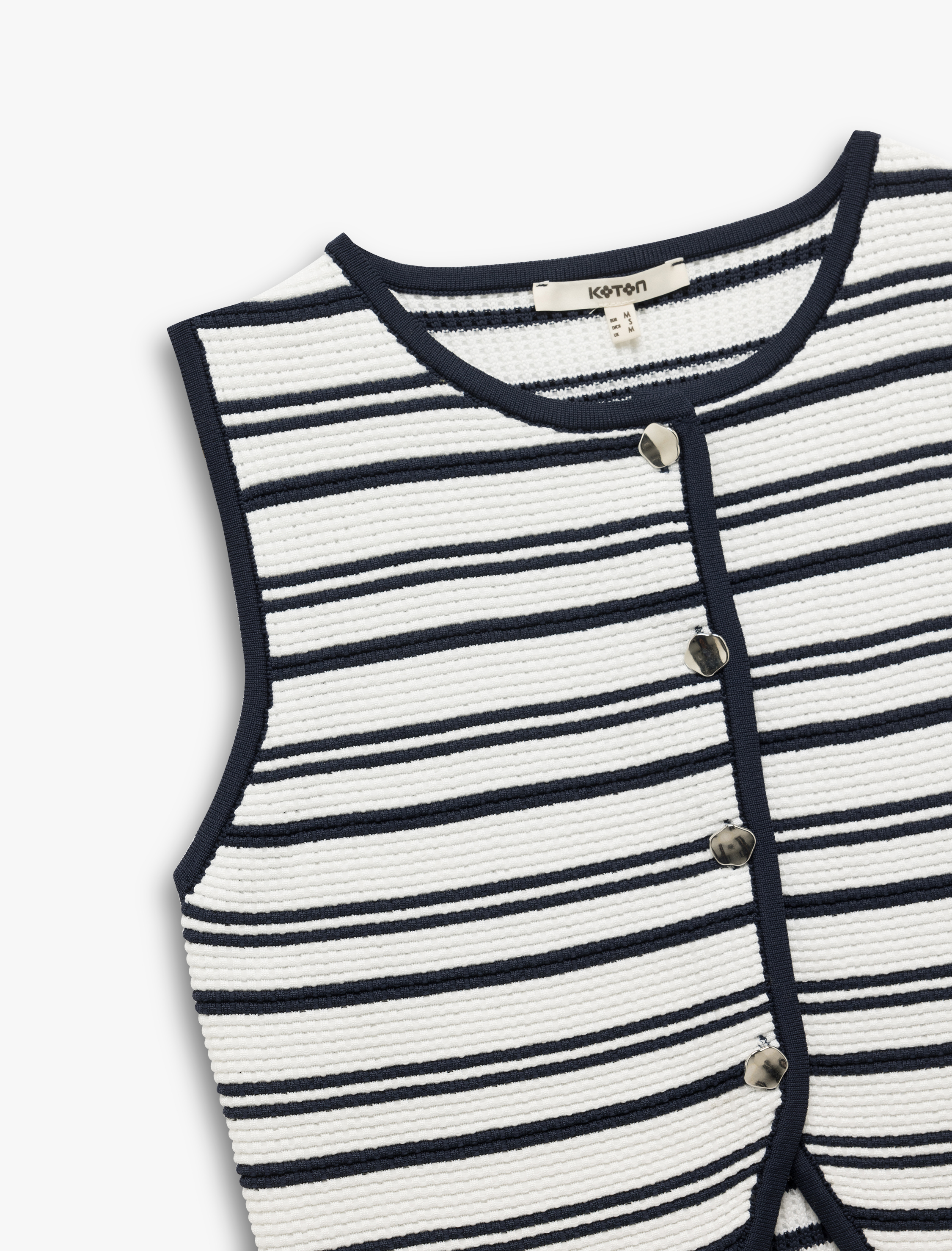   Düğmeli Kolsuz Dokulu Bisiklet Yaka Çizgili Triko Yelek