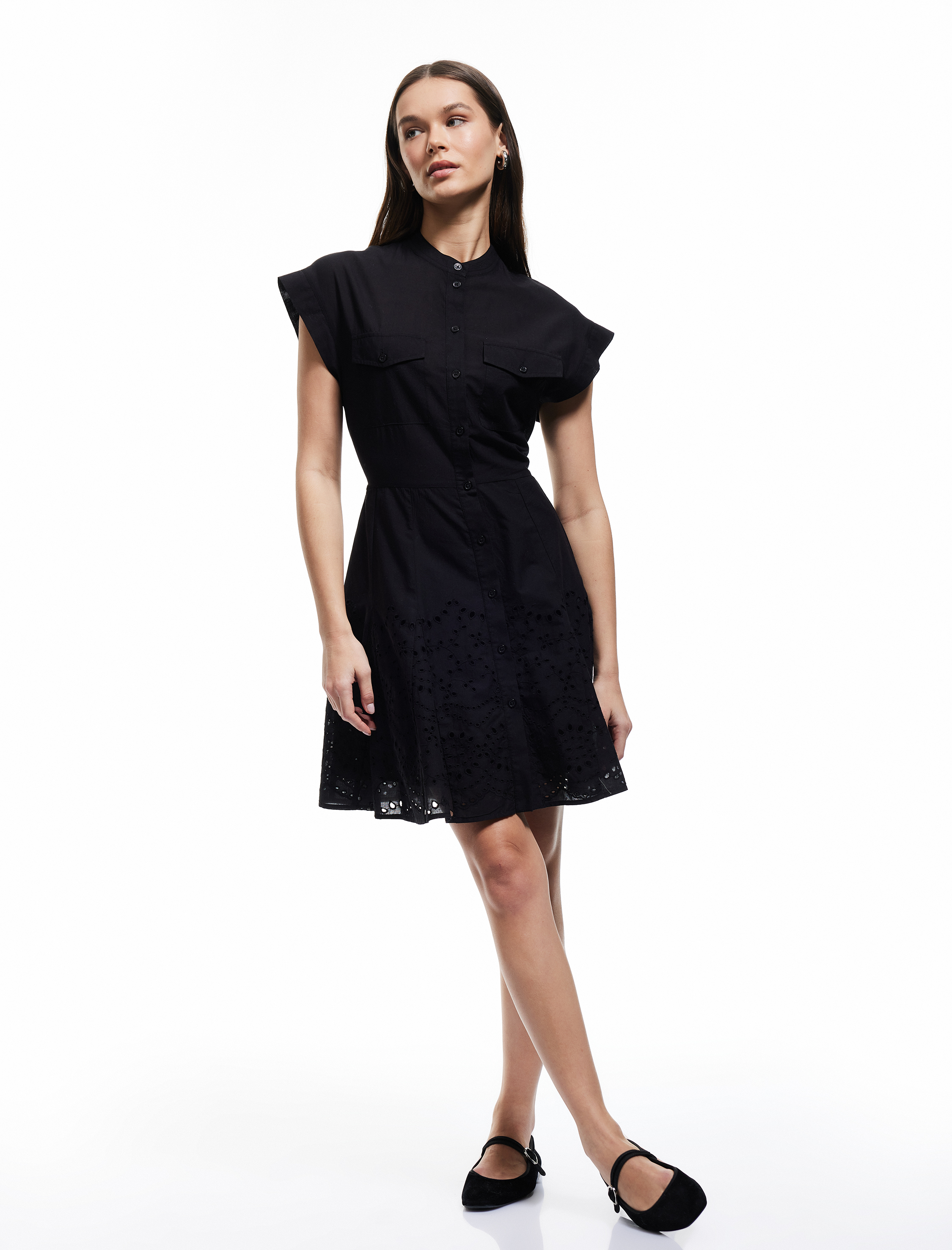   Mini Düğmeli Fisto Detaylı Hakim Yaka Kolsuz Gömlek Elbise