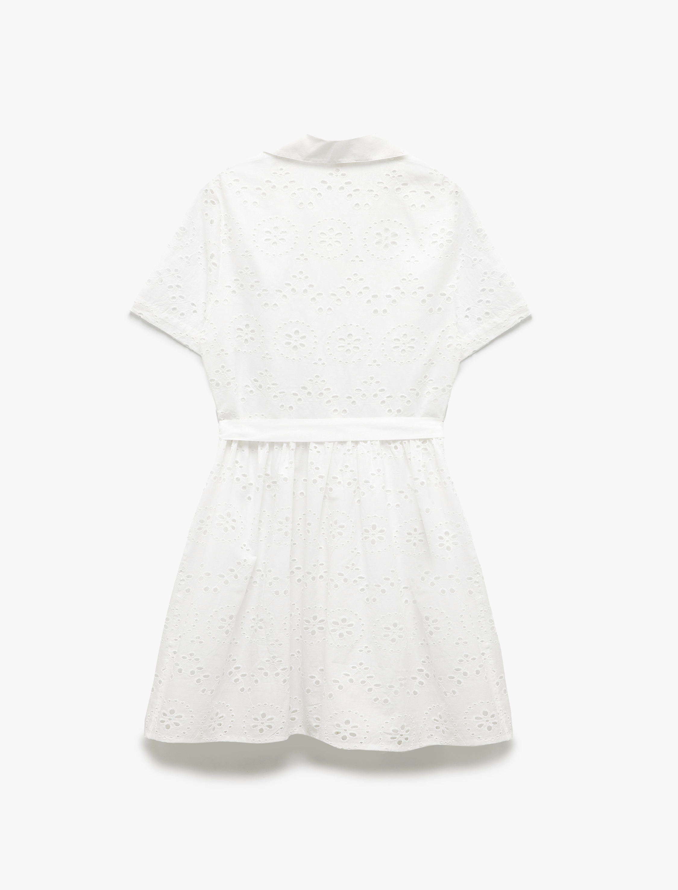   Pamuklu Düğmeli Kemerli Kısa Kollu Fisto Brodeli Mini Gömlek Elbise