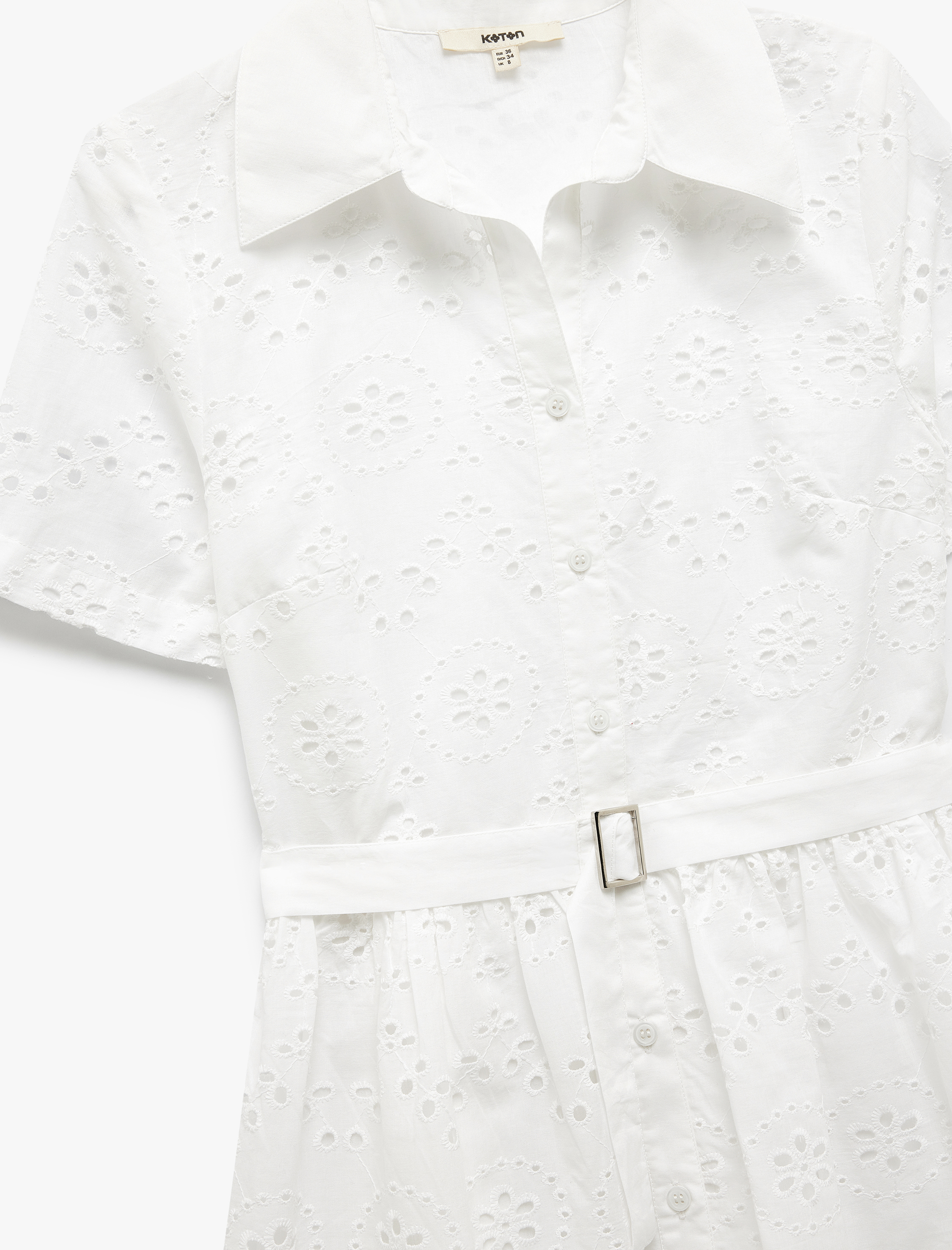   Pamuklu Düğmeli Kemerli Kısa Kollu Fisto Brodeli Mini Gömlek Elbise