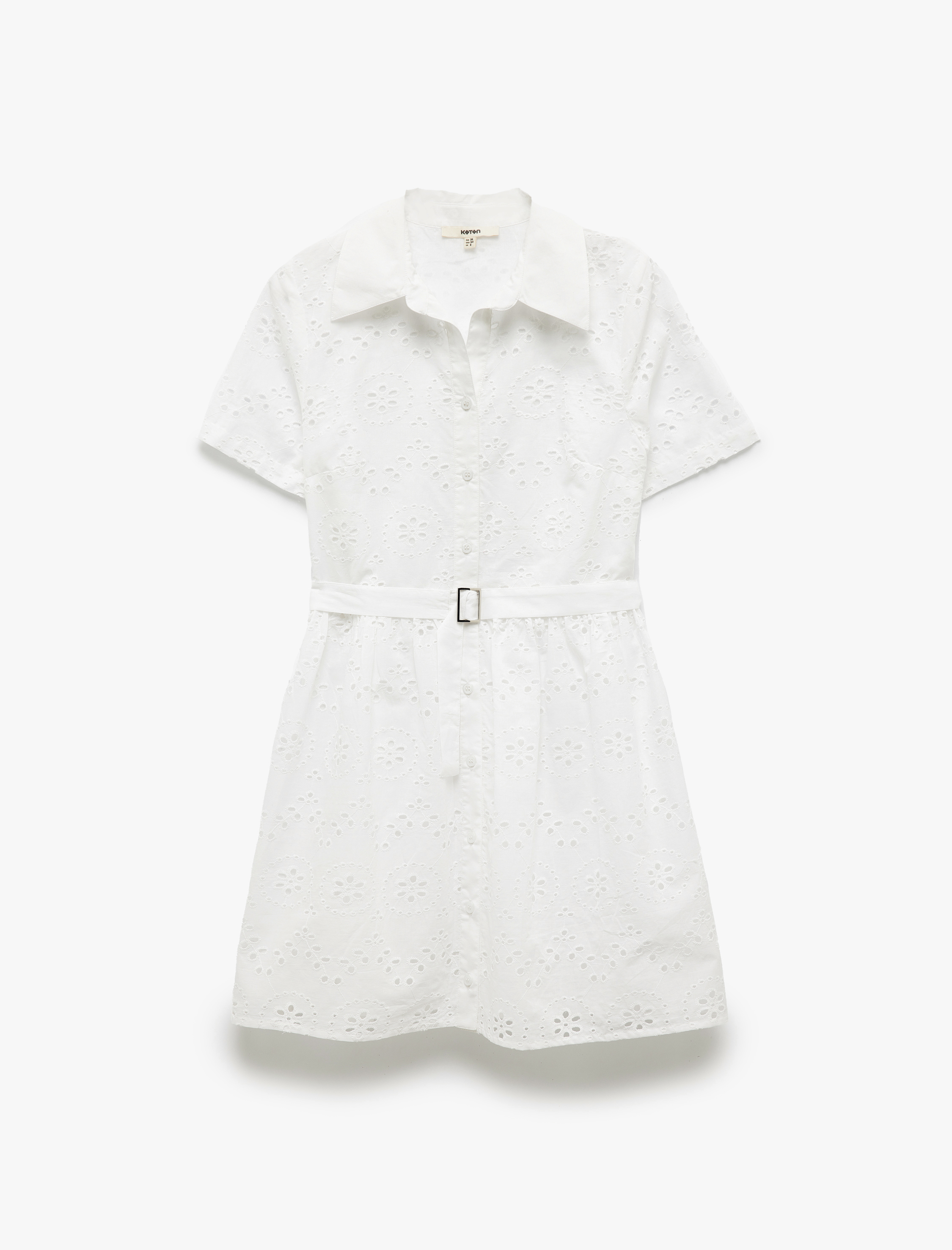   Pamuklu Düğmeli Kemerli Kısa Kollu Fisto Brodeli Mini Gömlek Elbise