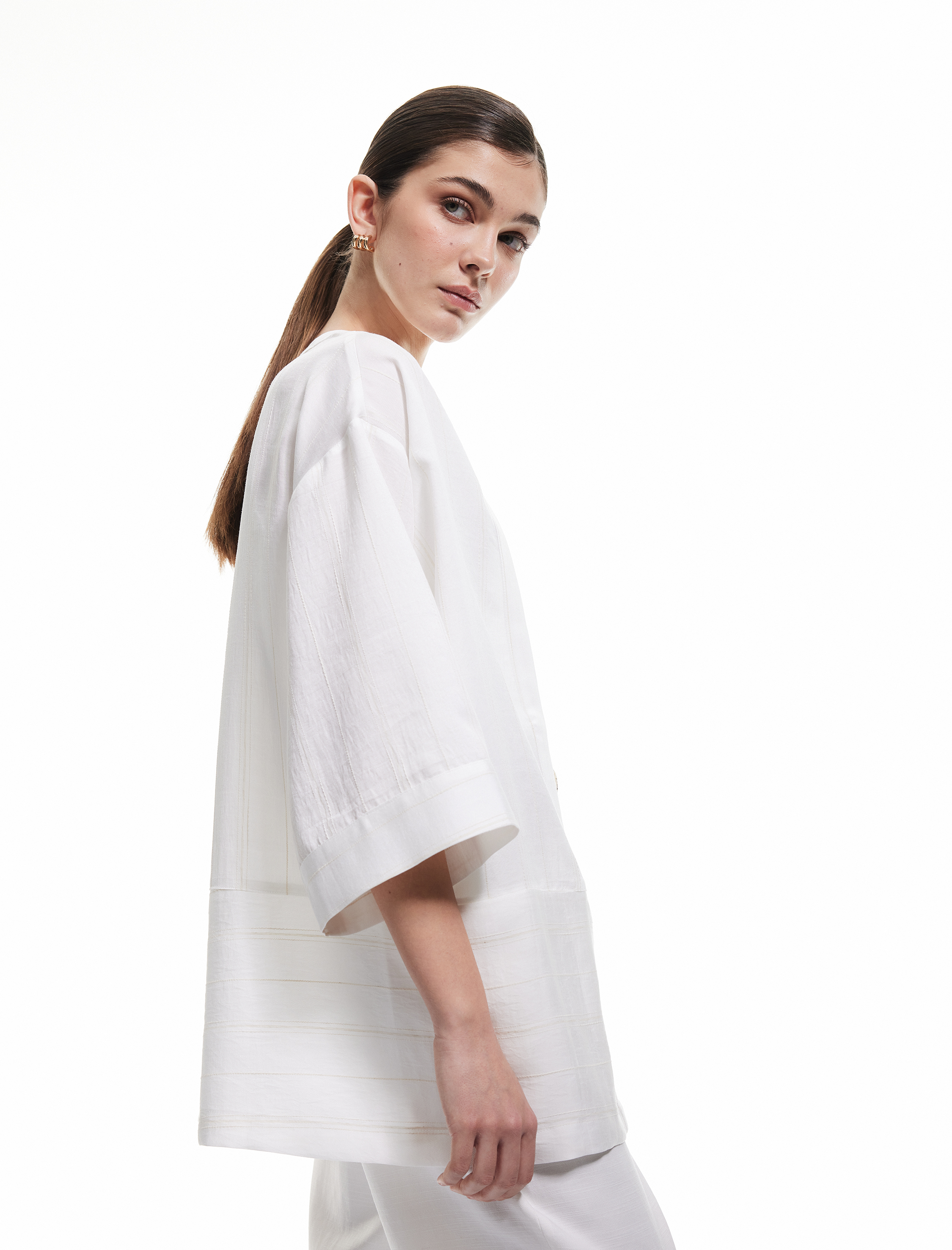   Cepli  Bol Kalıp Çizgili Keten Karışımlı Kimono