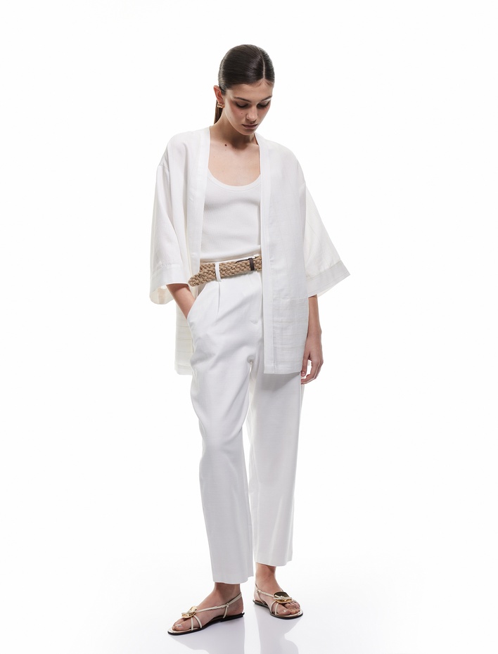  Cepli  Bol Kalıp Çizgili Keten Karışımlı Kimono