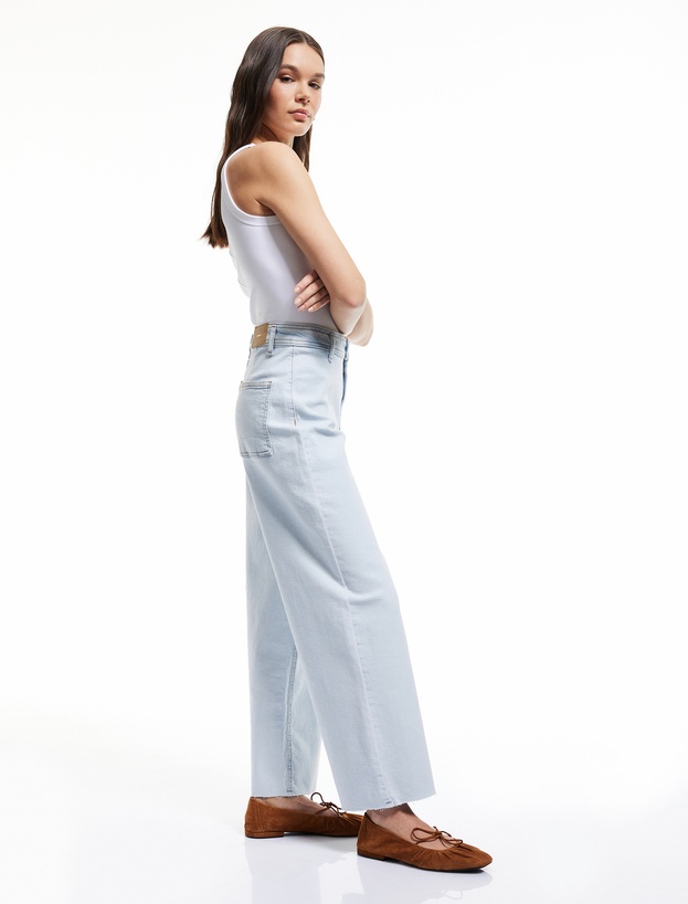 Yüksek Bel Kesik Paça Düğmeli Denim Pantolon -  Culotte Jean_1