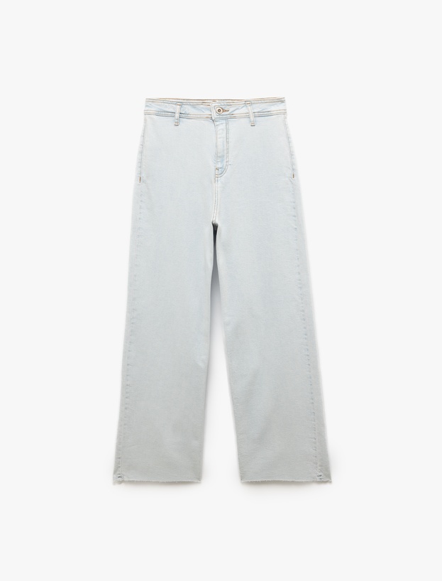 Yüksek Bel Kesik Paça Düğmeli Denim Pantolon -  Culotte Jean_3