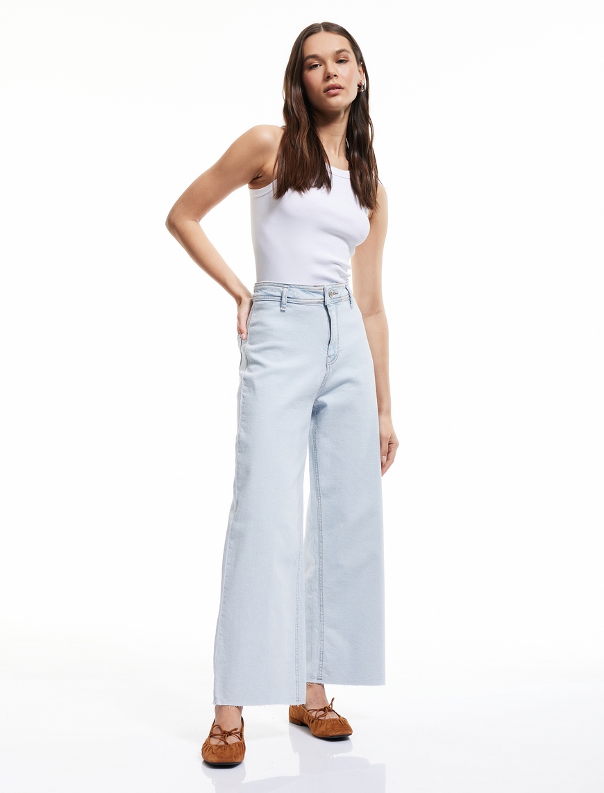   Yüksek Bel Kesik Paça Düğmeli Denim Pantolon -  Culotte Jean