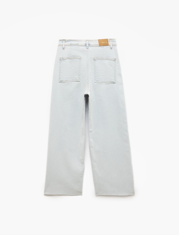 Yüksek Bel Kesik Paça Düğmeli Denim Pantolon -  Culotte Jean_4