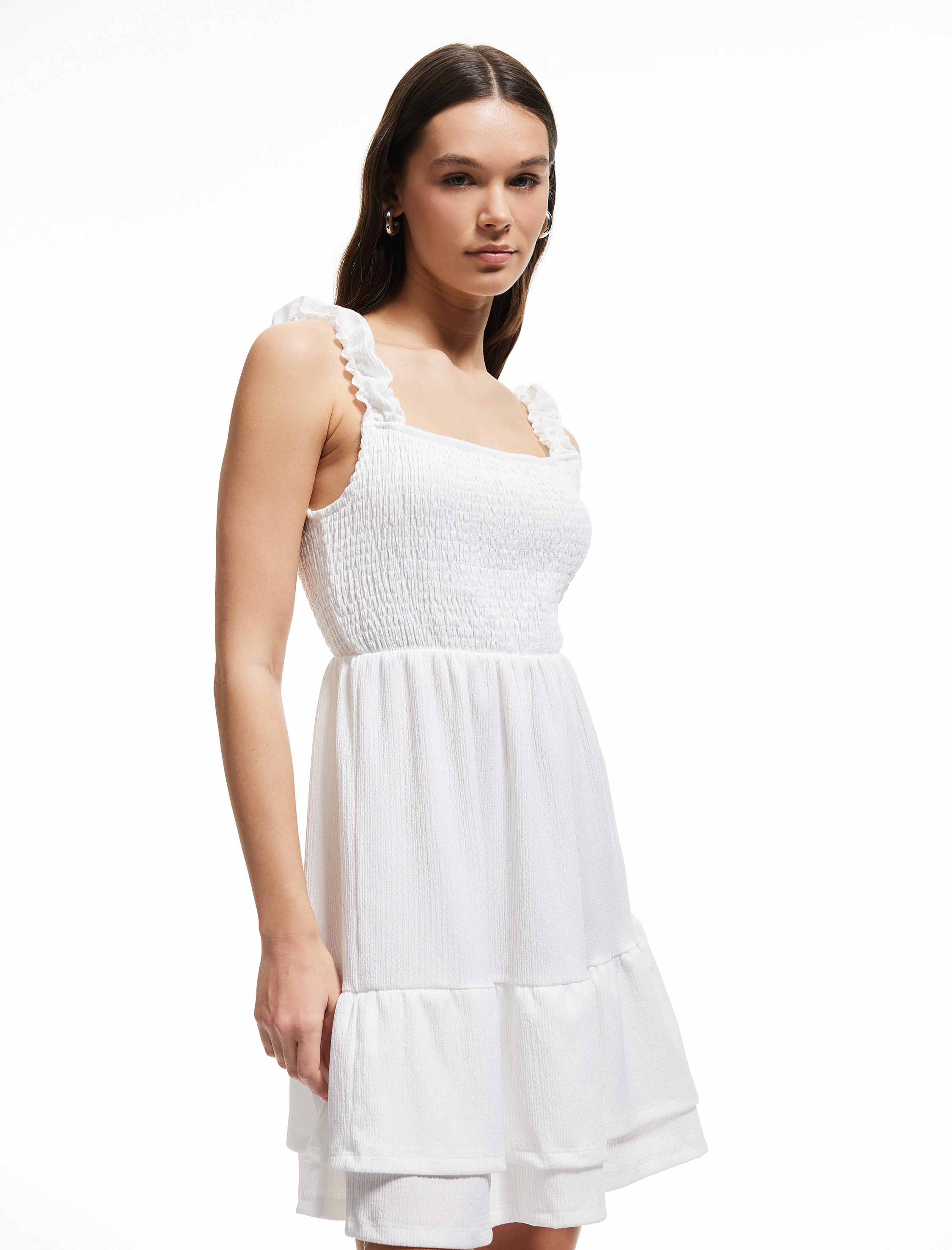   Kare Yaka Katlı Volanlı Kalın Askılı Gipeli Mini Elbise Bürümcük