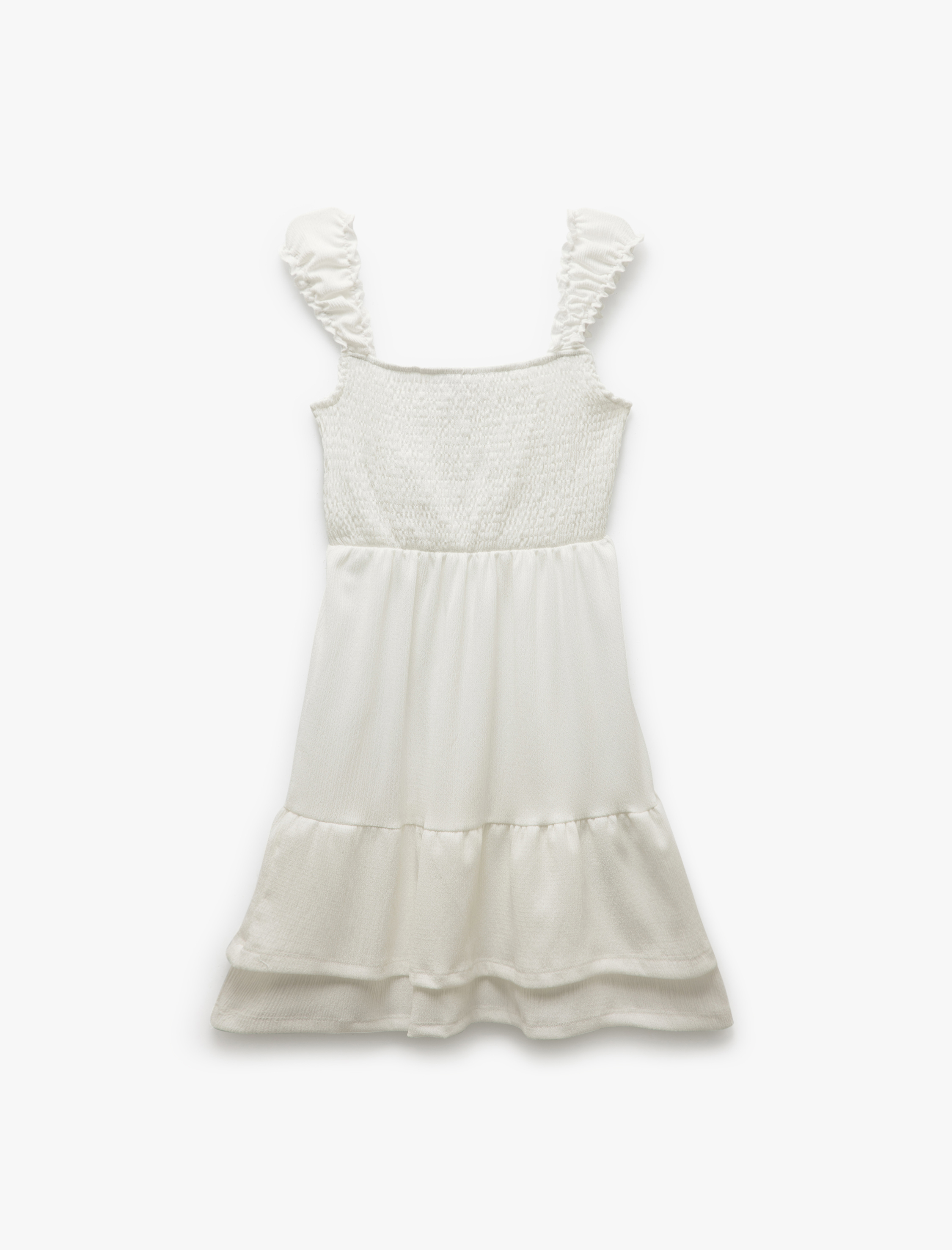   Kare Yaka Katlı Volanlı Kalın Askılı Gipeli Mini Elbise Bürümcük