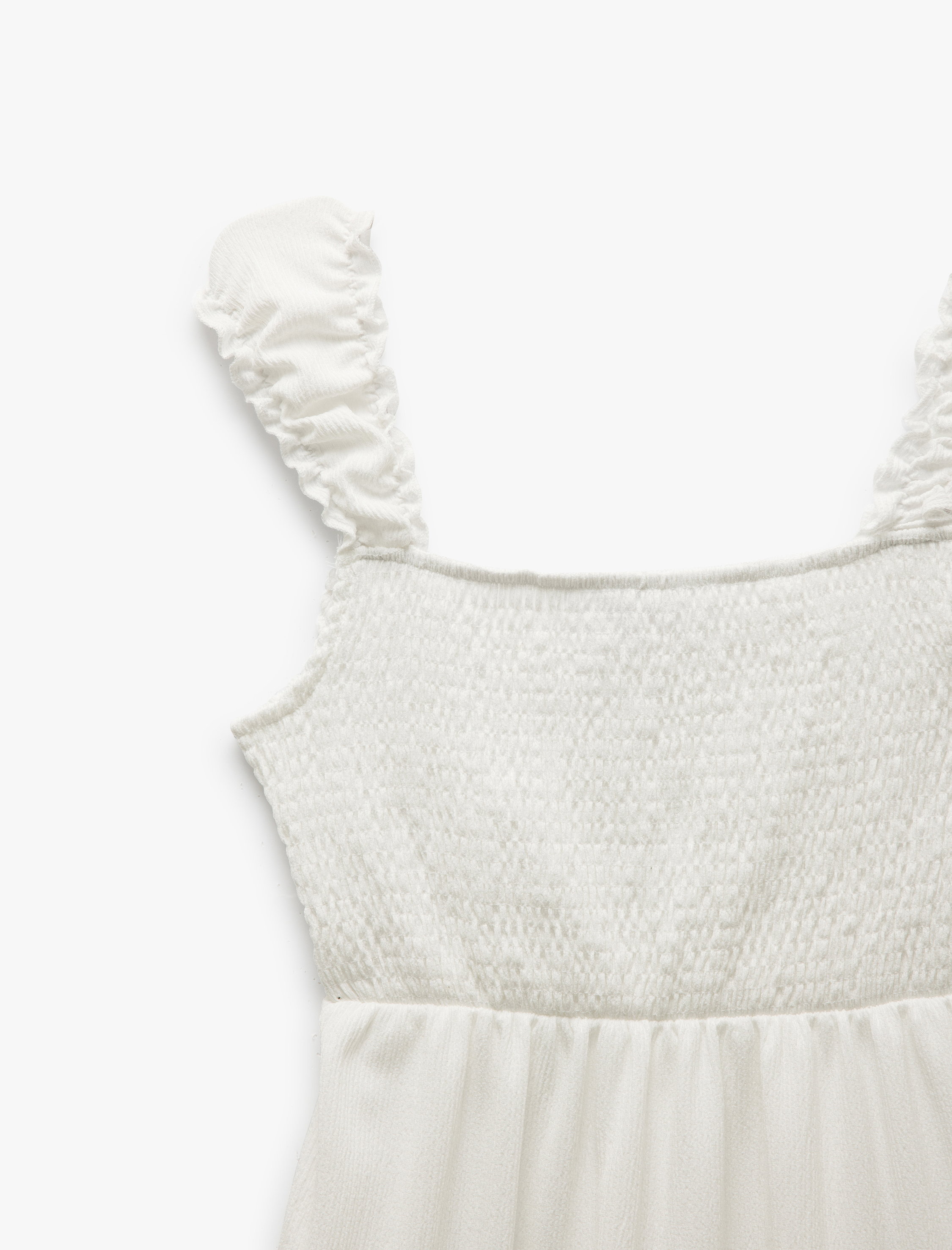   Kare Yaka Katlı Volanlı Kalın Askılı Gipeli Mini Elbise Bürümcük