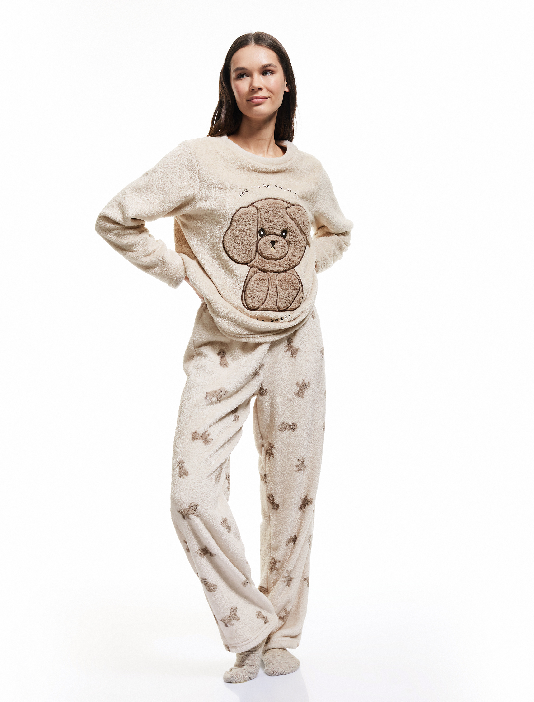 Koton Kadın Köpek Desenli Peluş Polar Pijama Takımı -1