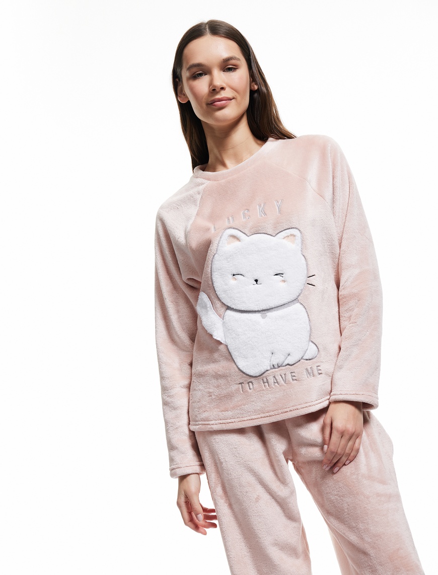   Kedi Aplike Detaylı Uzun Kollu Peluş Polar Pijama Takımı