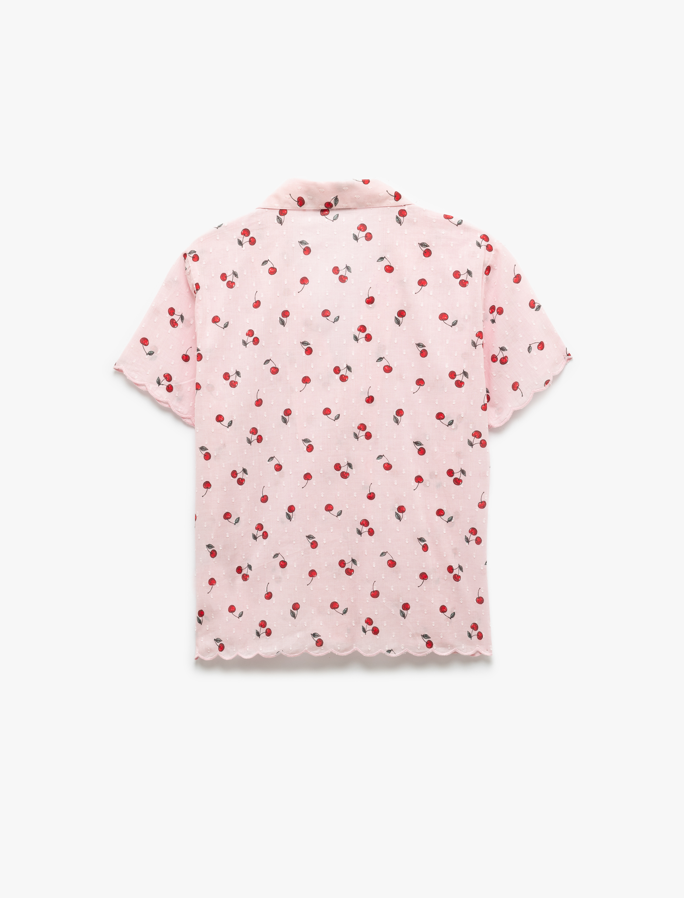   Pamuklu Gömlek Yaka Kiraz Desenli Kısa Kollu Pijama Üstü